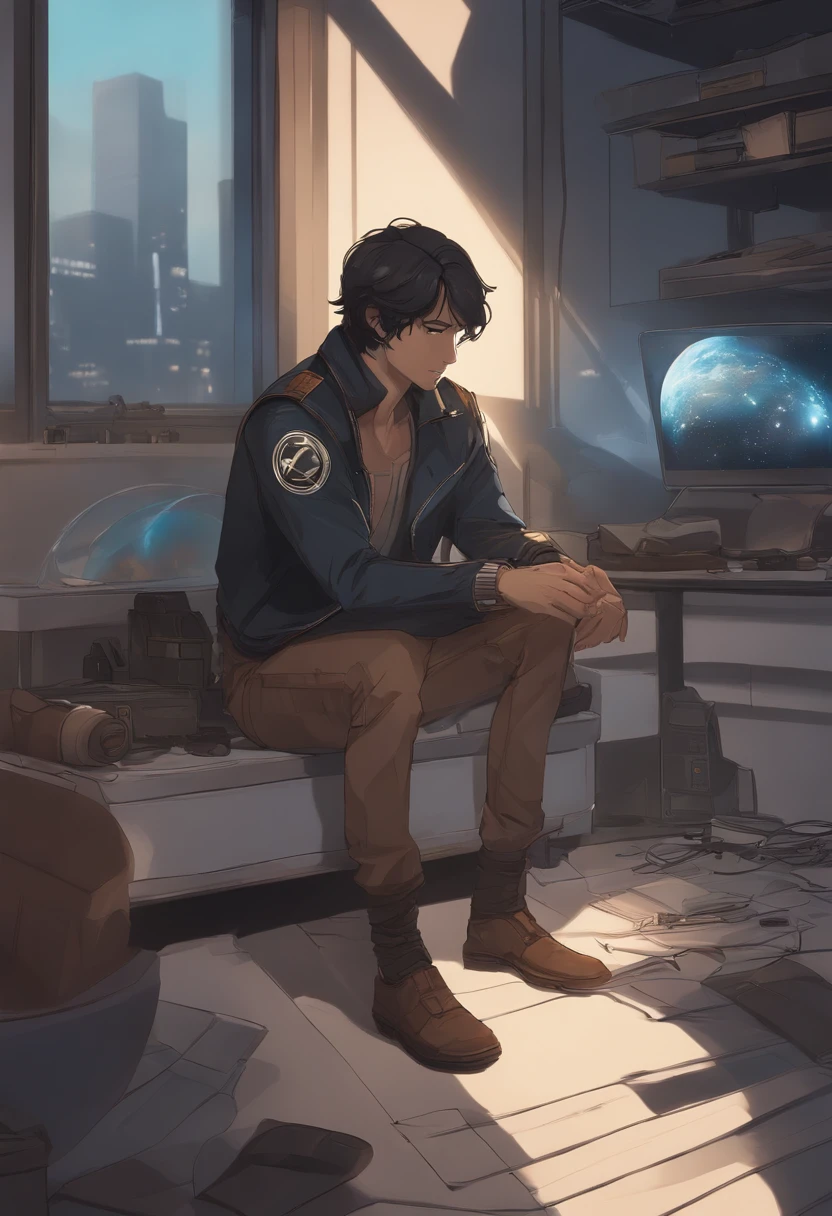 Anime guy sitting on the floor looking at the planet, Cowboy espacial, cyber space cowboy, inspirado em Josan Gonzalez, Makoto Shinkai ( apex legends ), Akira Estilo de Arte, Estilo Ross Tran, Akira vibra, Akira Estilo de Arte, flutuando ao lado de planetas, Josana Gonzales, Sci - Arte Fi!!!!!!!, Josana Gonzales!!!, in space, modern sci-fi anime
