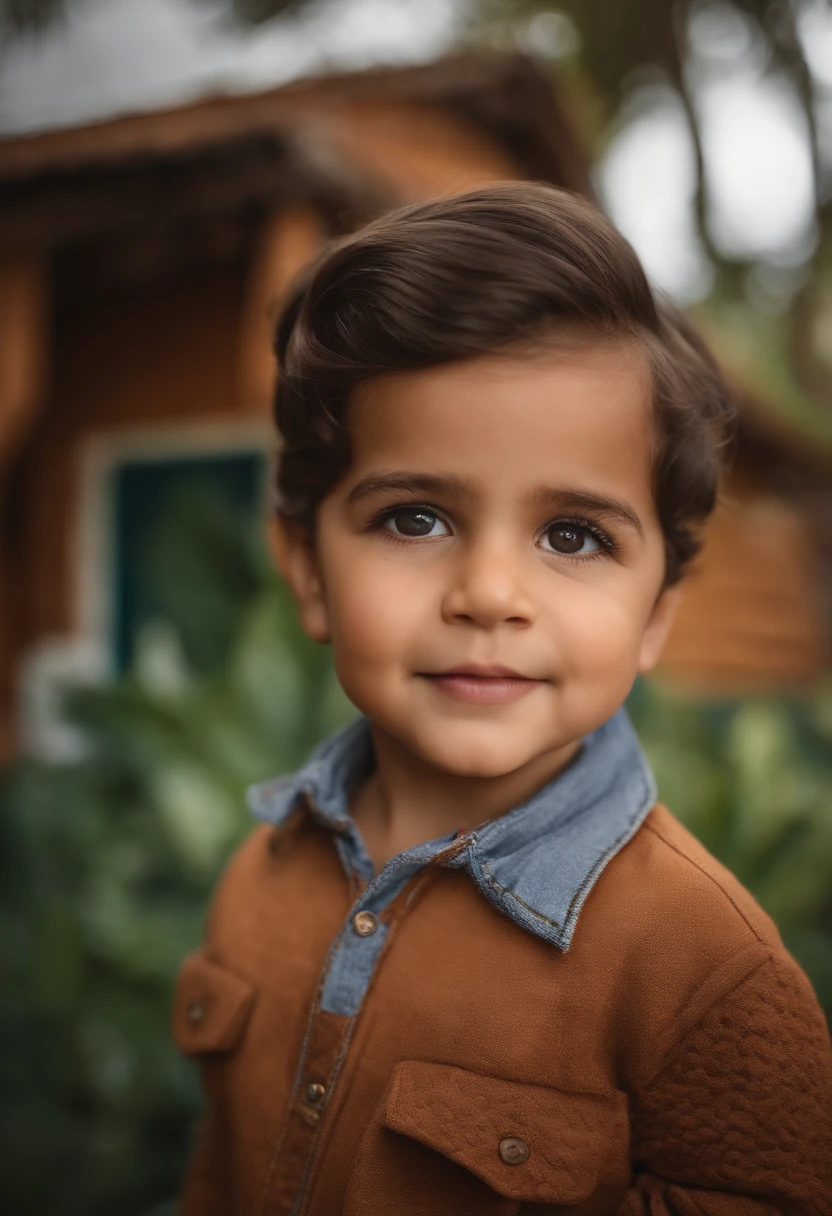 menino: Miguel, aproximadamente 5 anos de idade, cabelo curto estilo Disney, olhos castanhos e sorrisos. garota: Giovana, 2 anos, longos cabelos pretos e olhos azuis. scenecy: Miguel and Giovana are in a cozy little house in the valley, ao fundo um dia ensolarado, Destacando o Sol.