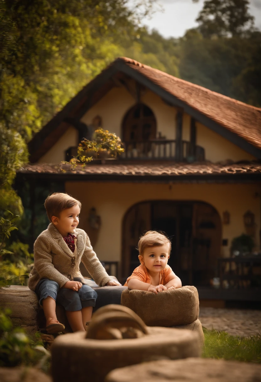 : Miguel, aproximadamente 5 anos de idade, cabelo curto estilo Disney, olhos castanhos e sorrisos. garota: Giovana, 2 anos, longos cabelos pretos e olhos azuis. scenecy: Miguel and Giovana are in a cozy little house in the valley, ao fundo um dia ensolarado, Destacando o Sol.