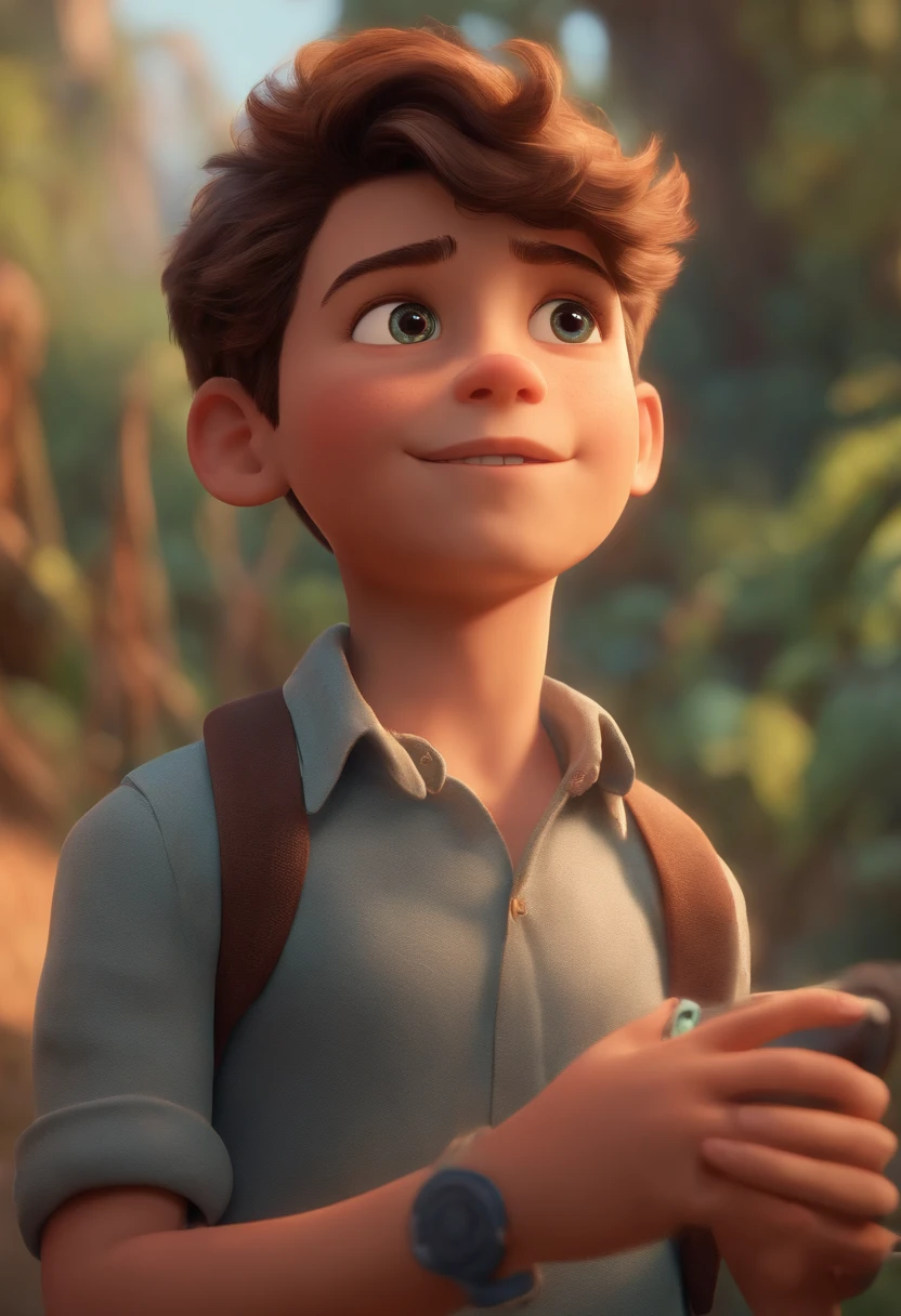 Image of a boy for a story in a YouTube video in Pixar format, He's the  allabester, He's the class leader, He's outgoing, Playful and gets up for a lot of things, cabelo curto