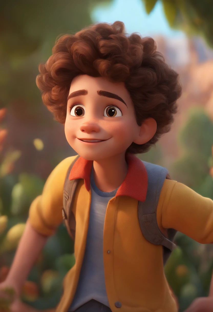 Image of a boy for a story in a YouTube video in Pixar format, He's the allabester, He's the class leader, He's outgoing, Playful and gets up for a lot of things, cabelo curto