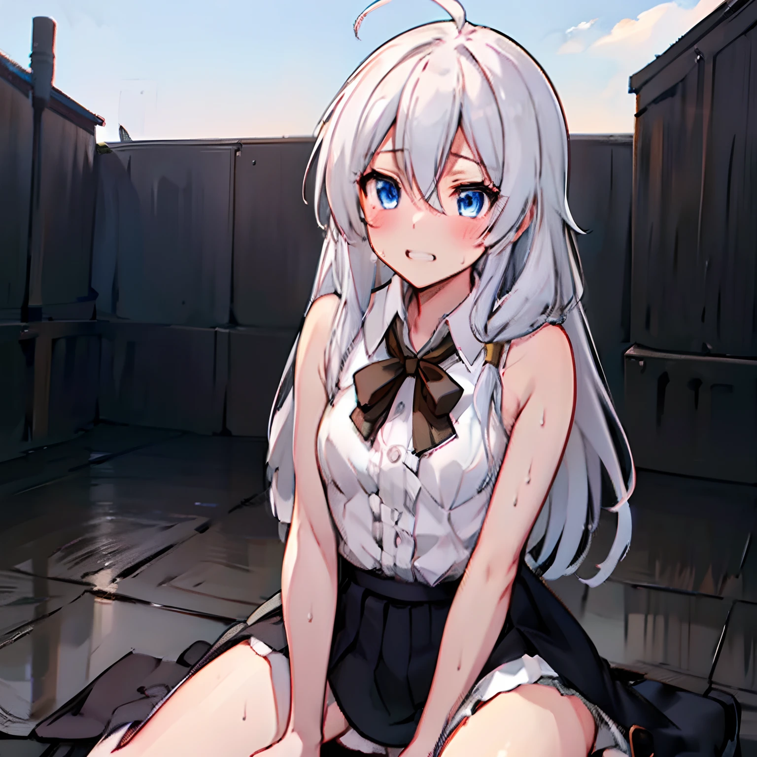 (masterpiece:1.2), (highest quality:1.2), perfect eyes, perfect face, perfect lighting, middle ages, prison, 1 boy,blonde　aqua eye, ((((((hair over one eye)))))), Braid Styles, spiked hair, blunt bangs, bob hair, a braid, Ahoge, cute eyes, medium breast, off shoulder、knit sweater, glaring, open mouth, ((from above)), ((front)), arms behind back, Vivid depiction, ((spread legs)), orgasm, scared, , ahegao, smile+happy, fang, spoken heart, (((cum on body))), (((brown skin))), (((glaring))), smile, ((contemptuous)), ((((disdain)))), spread legs, arms behind back