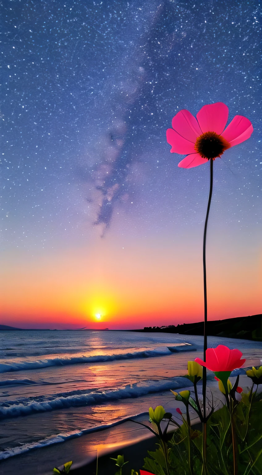 up close shot、Cosmos flower、Gorgeous sunset by the sea in the background、Authentic textures、The warm