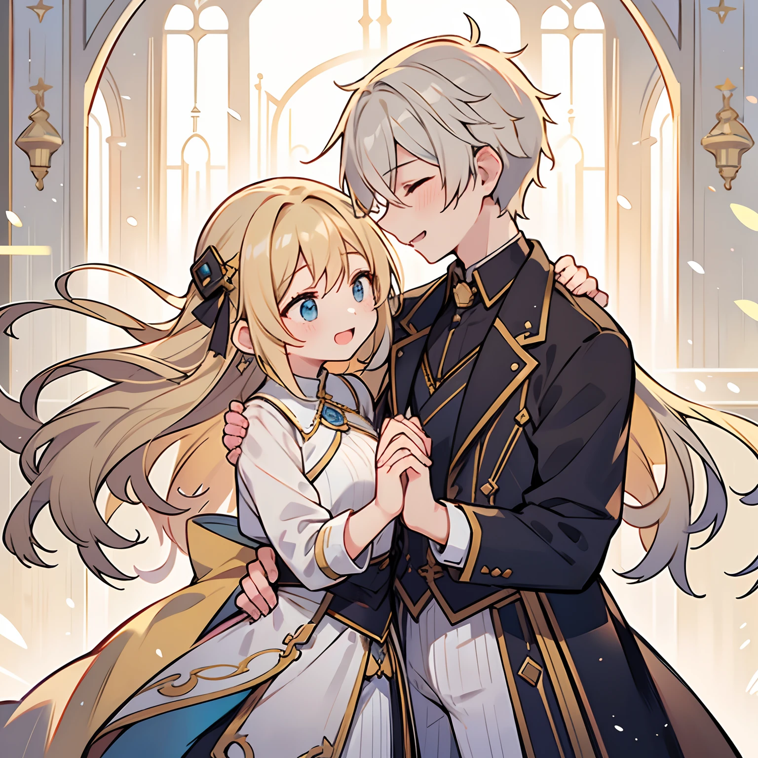 Men and women in their 20s、man 1、Female 1、femele(Blonde semi-long)、male people(Silver-haired shortcut)、divine atmosphere、embracing each other、joyous expression