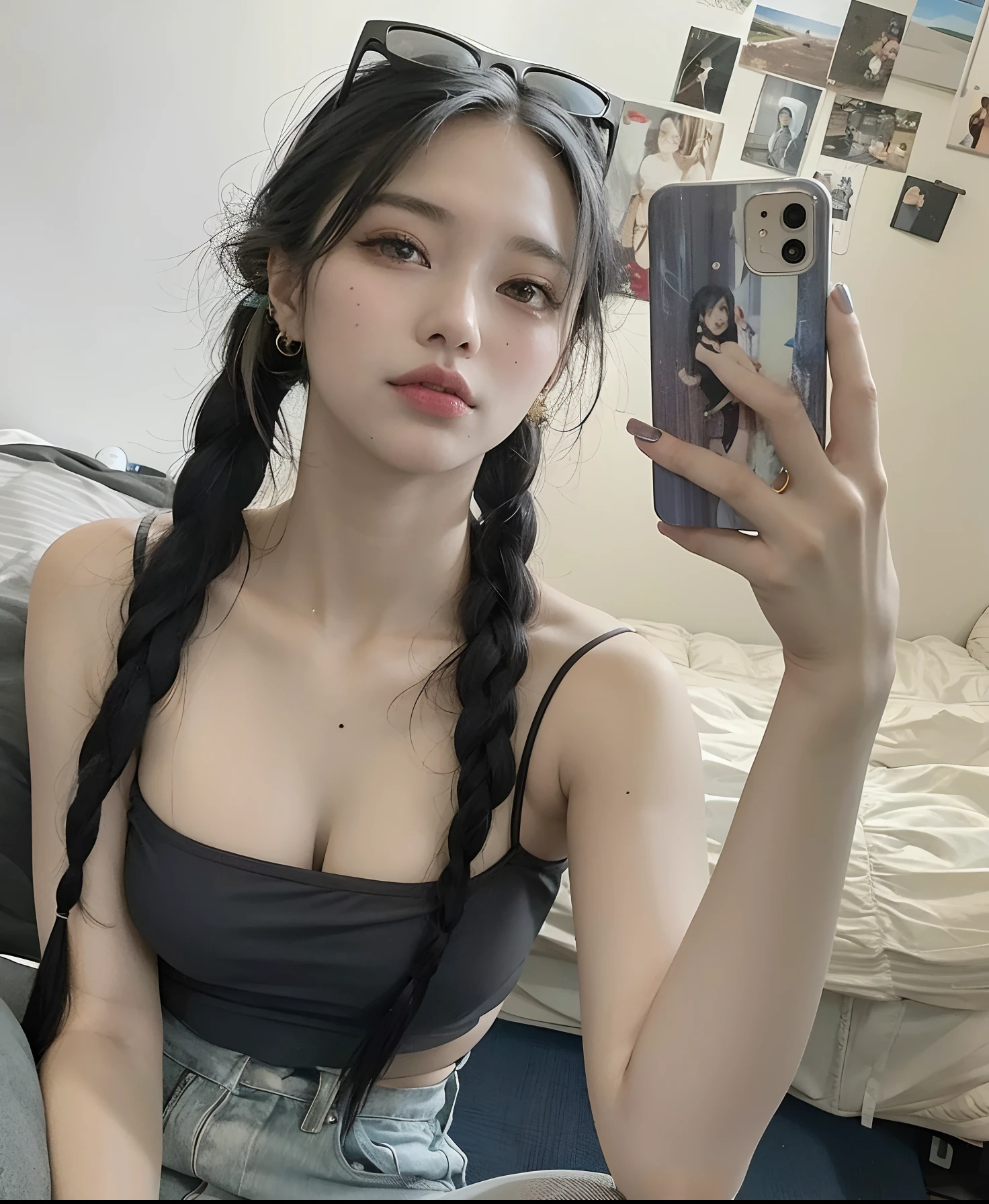 Asian woman araffed with long black hair and sunglasses taking a selfie, menina coreana, linda mulher coreana jovem, Ulzzang, Mulher sul-coreana bonita, com rabo-de-porco preto, mulher coreana jovem bonita, 18 anos, penteado pigtails, Modelo do Instagram, 2 Modelo feminina de 4 anos, 19-year-old girl, dois penteados pigtails