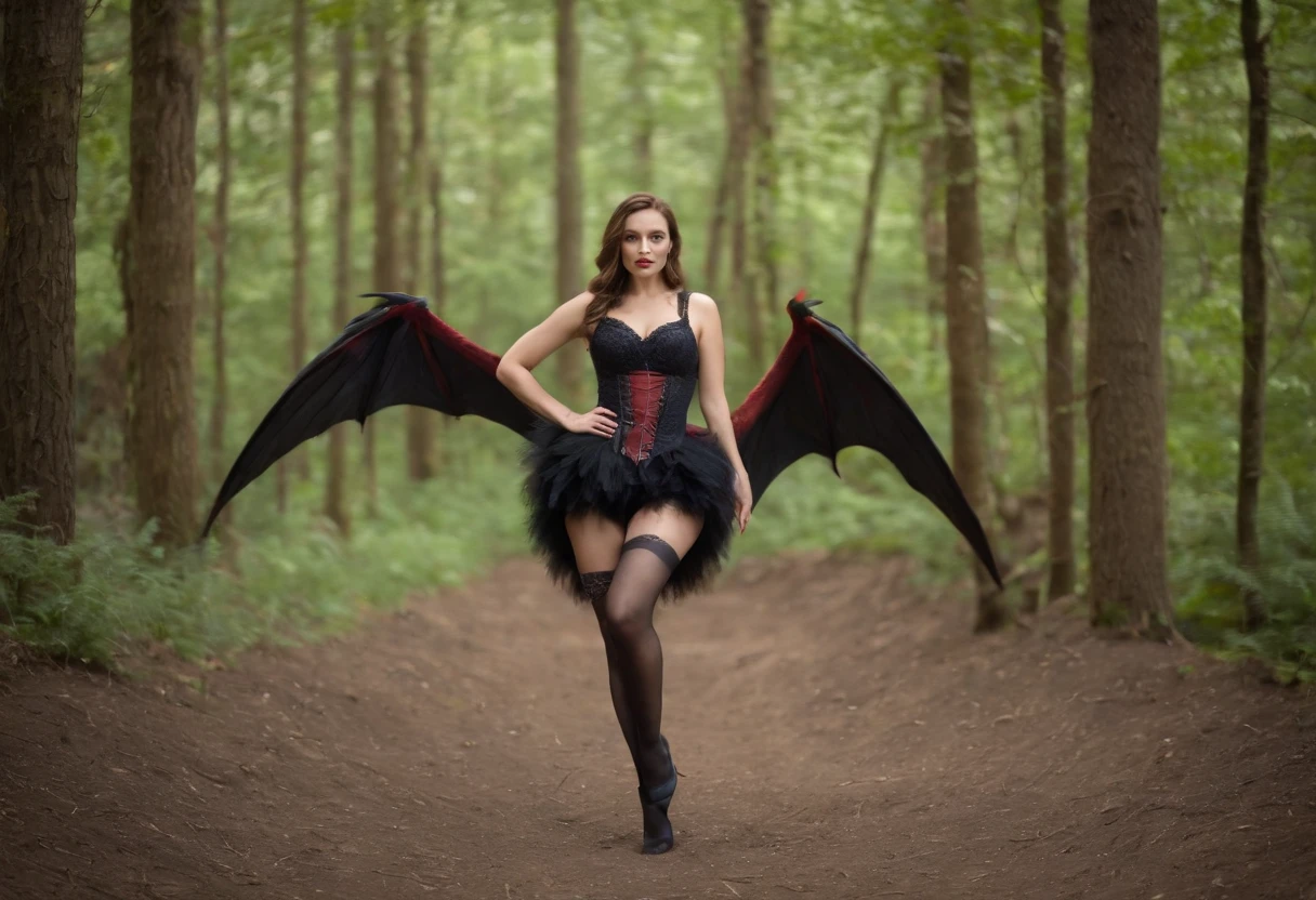 In the Great Ancient Forest,The beautiful woman is wearing a tight uniform,Wearing black stockings,Called up to wear high heels,Riding a pterodactyl under his crotch