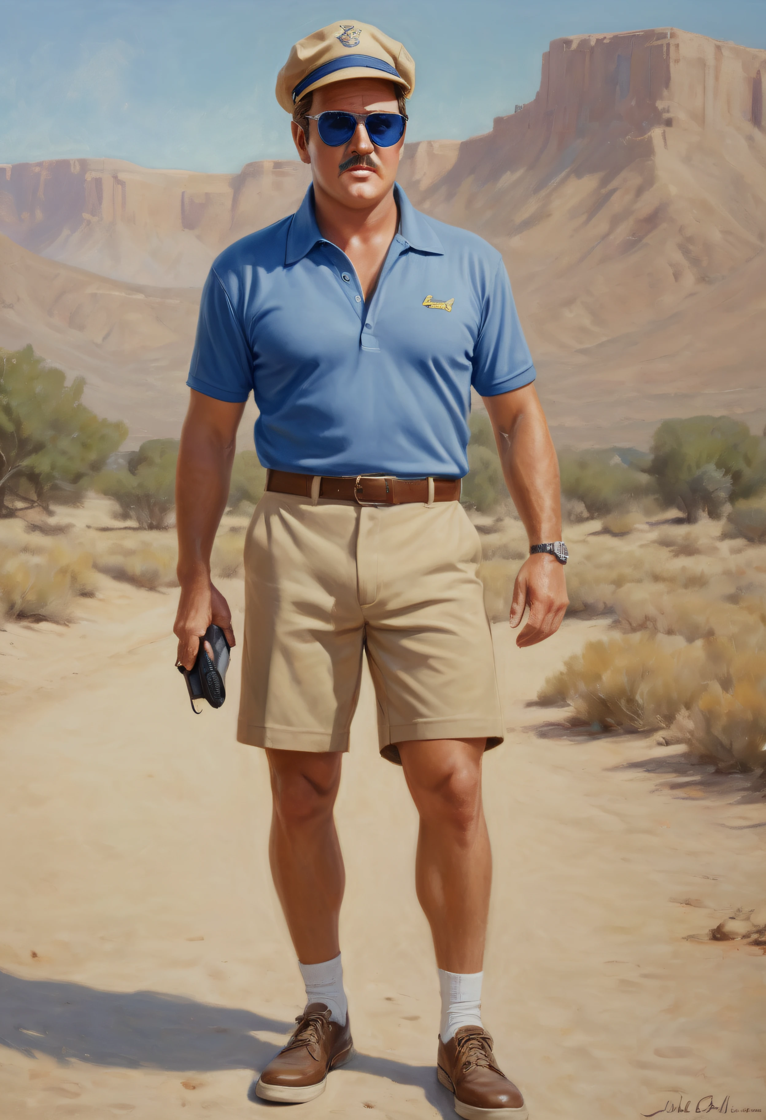 Lee Majors/George Reeves/Elvis Presley hybrid, 180 pound man with a mustache, wearing a tan khaki shorts, a blue Polo shirt, and a Baseball cap, sunglasses, extremely short, buzz-cut hair and a thin, dark mustache, cobalt-blue eyes, oil painting on canvas in the art style of Julie Bell