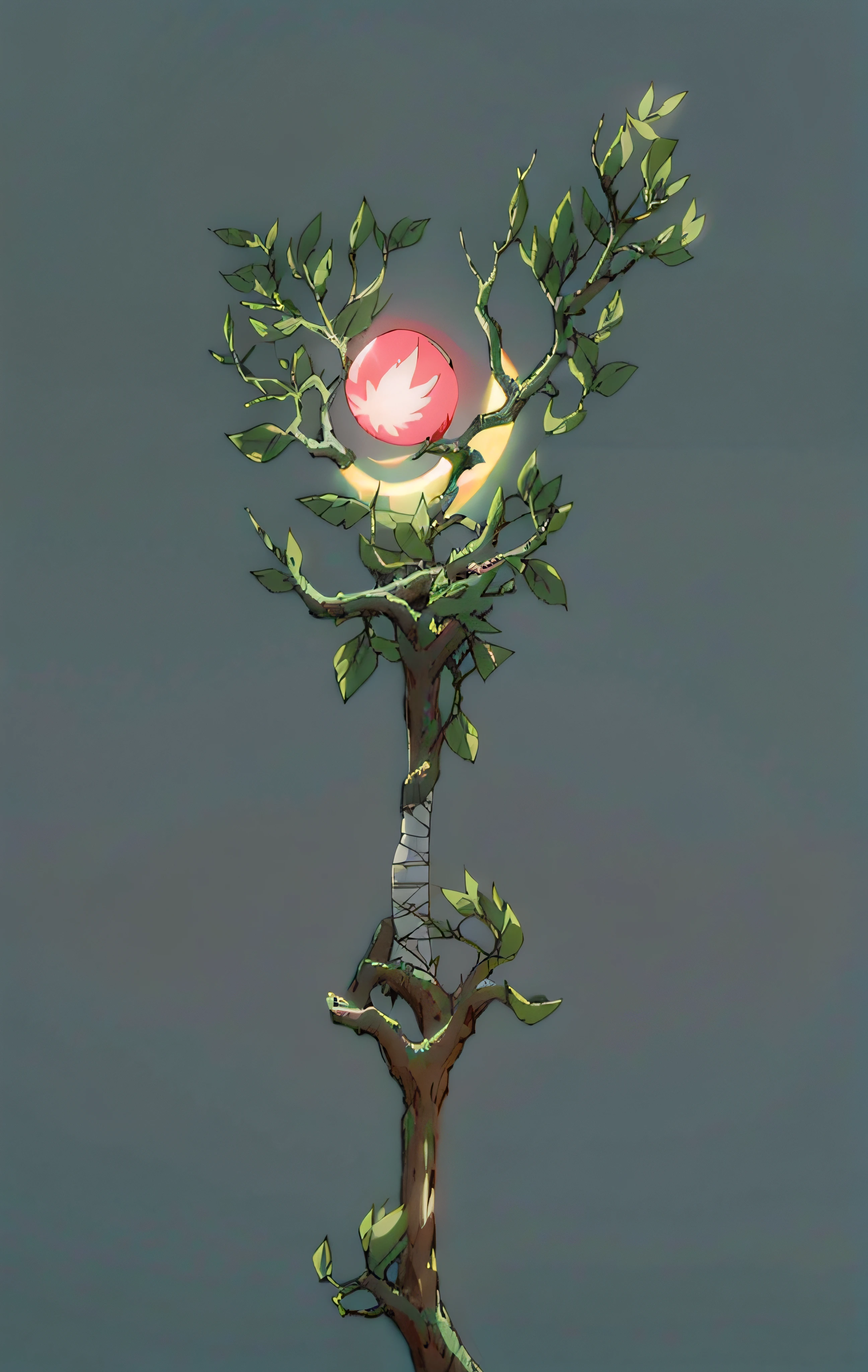 a staff that looks like a straight tree, branches, vines, energy ball at the top. it has bandages in the middle