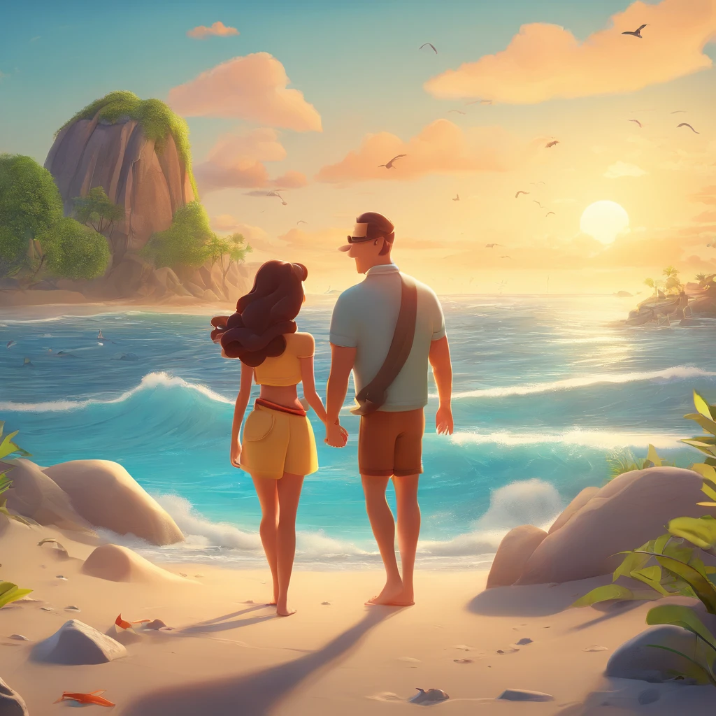 Crie um cartaz inspirado na Disney Pixar com o personagem sendo there is a man and woman standing on a beach near the ocean, vacation photo, karolina cummings, the ocean in the background, on beach, profile image, in the beach, malika favre, jungles in the background, on the beach, by Nándor Katona, ocean in the background, standing near the beach