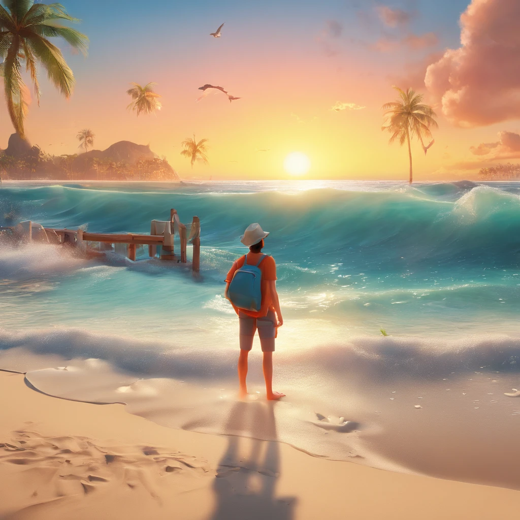 Crie um cartaz inspirado na Disney Pixar com o personagem sendo there is a man and woman standing on a beach near the ocean, vacation photo, karolina cummings, the ocean in the background, on beach, profile image, in the beach, malika favre, jungles in the background, on the beach, by Nándor Katona, ocean in the background, standing near the beach