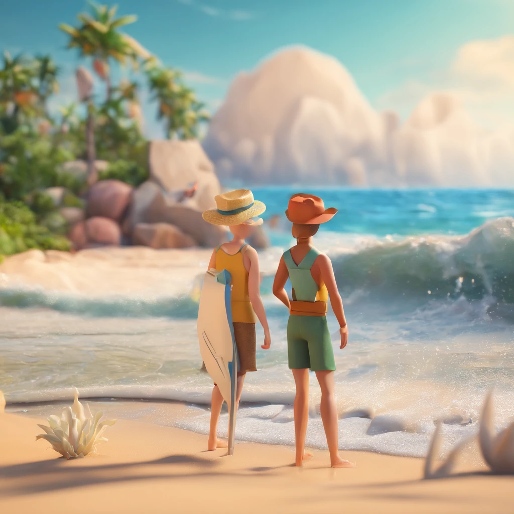 Crie um cartaz inspirado na Disney Pixar com o personagem sendo there is a man and woman standing on a beach near the ocean, vacation photo, karolina cummings, the ocean in the background, on beach, profile image, in the beach, malika favre, jungles in the background, on the beach, by Nándor Katona, ocean in the background, standing near the beach