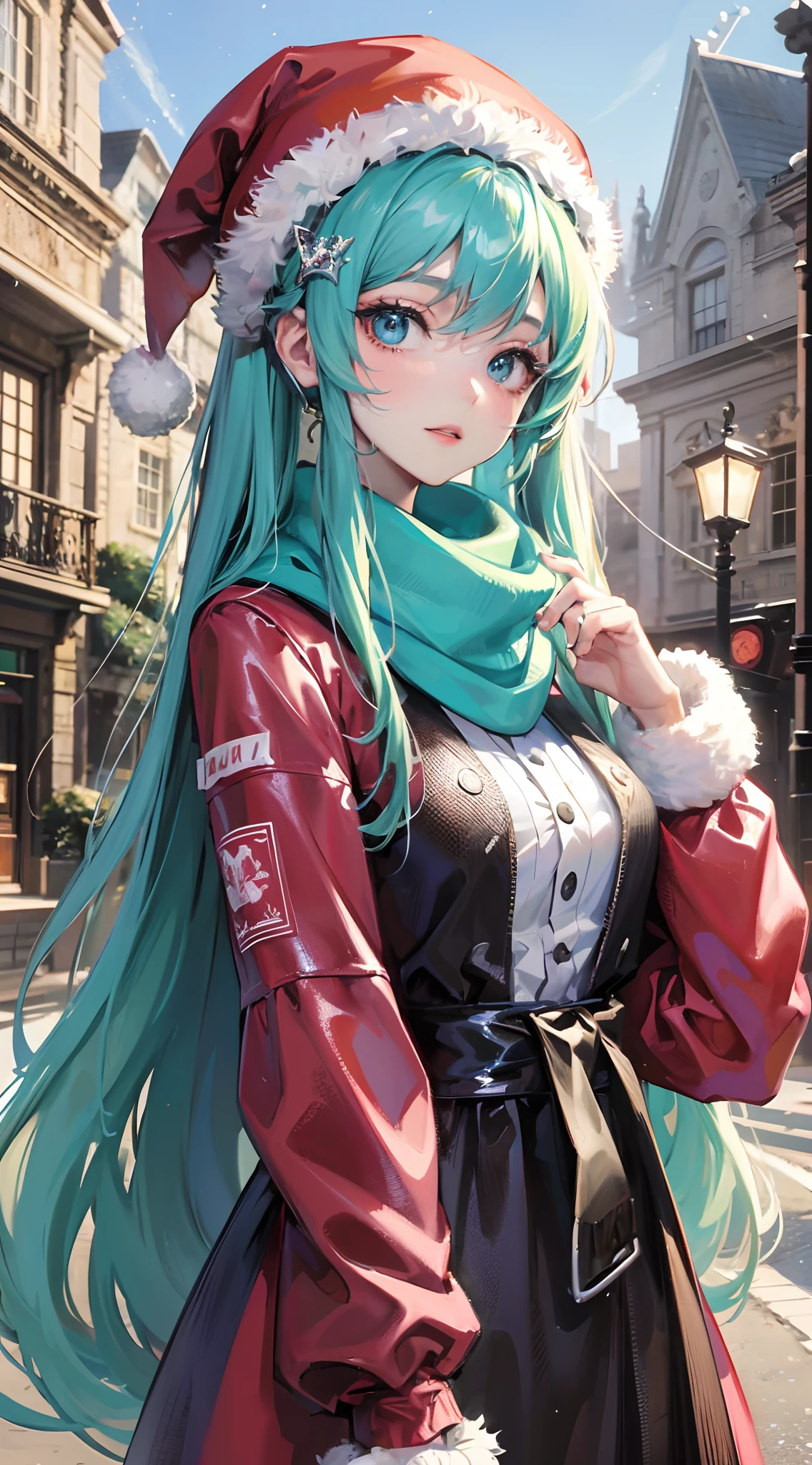 Absurdres masterpiece HDR high quality picture of Hatsune Miku, very girl 14 years ailed face, simple hair design , beautiful face, hands on waist and hands are hiding in her hair and clothes , very long hair, ((random hair style:1 )) , anime eyes, light skin ,
Winter protect outfit , muffler scarf and hat for winter, detailed hair ornaments , Christmas town background, masterpiece scenery