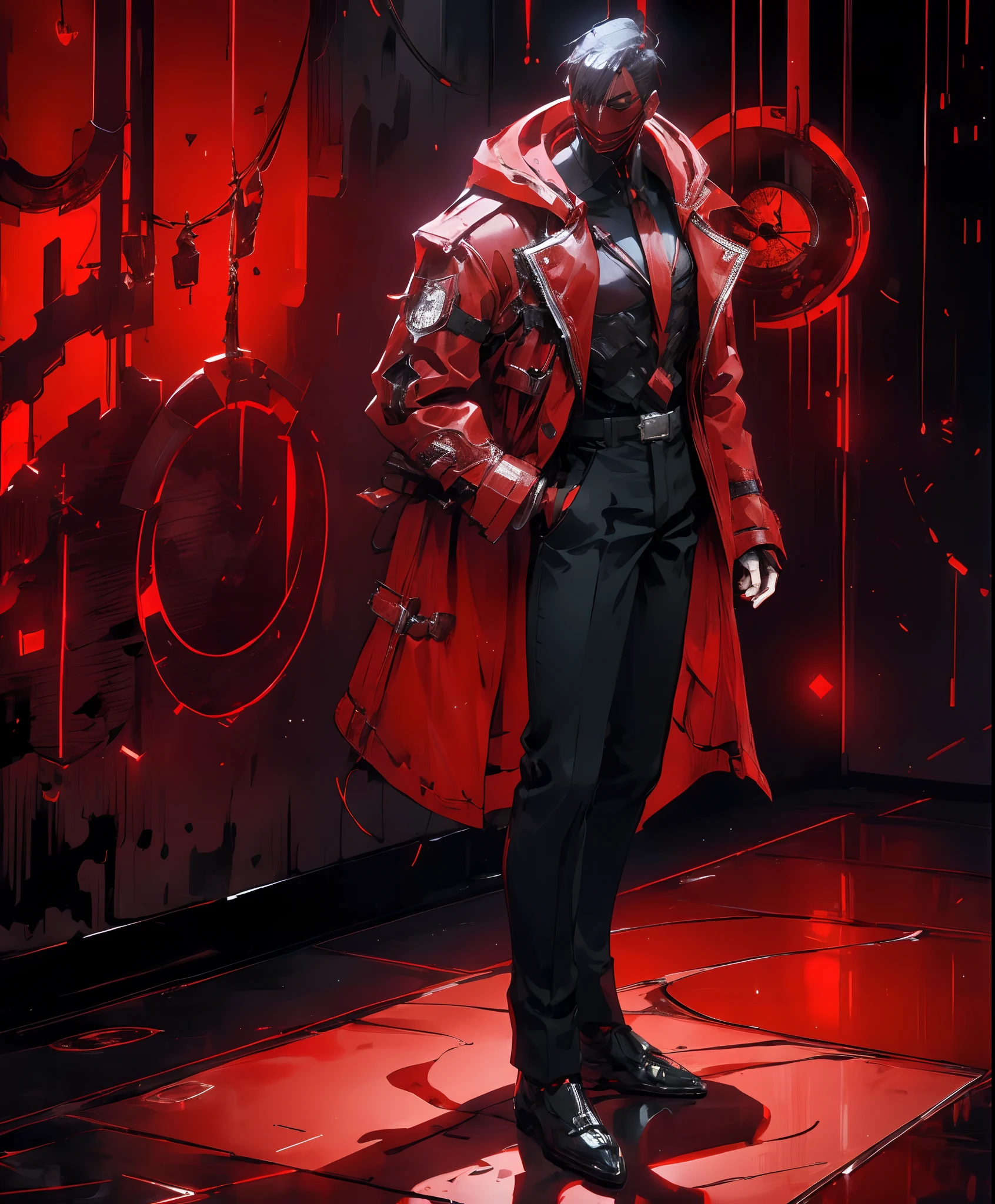 a man in a red jacket and black pants standing in a dark room, wearing cultist red robe, crimson attire, character from mortal kombat, as a character in tekken, fighting game character, cyberpunk assassin, red hooded mage, cyberpunk outfits, crimson clothes, the red ninja, wearing leather assassin armor, an edgy  assassin, cool red jacket, cyberpunk street goon