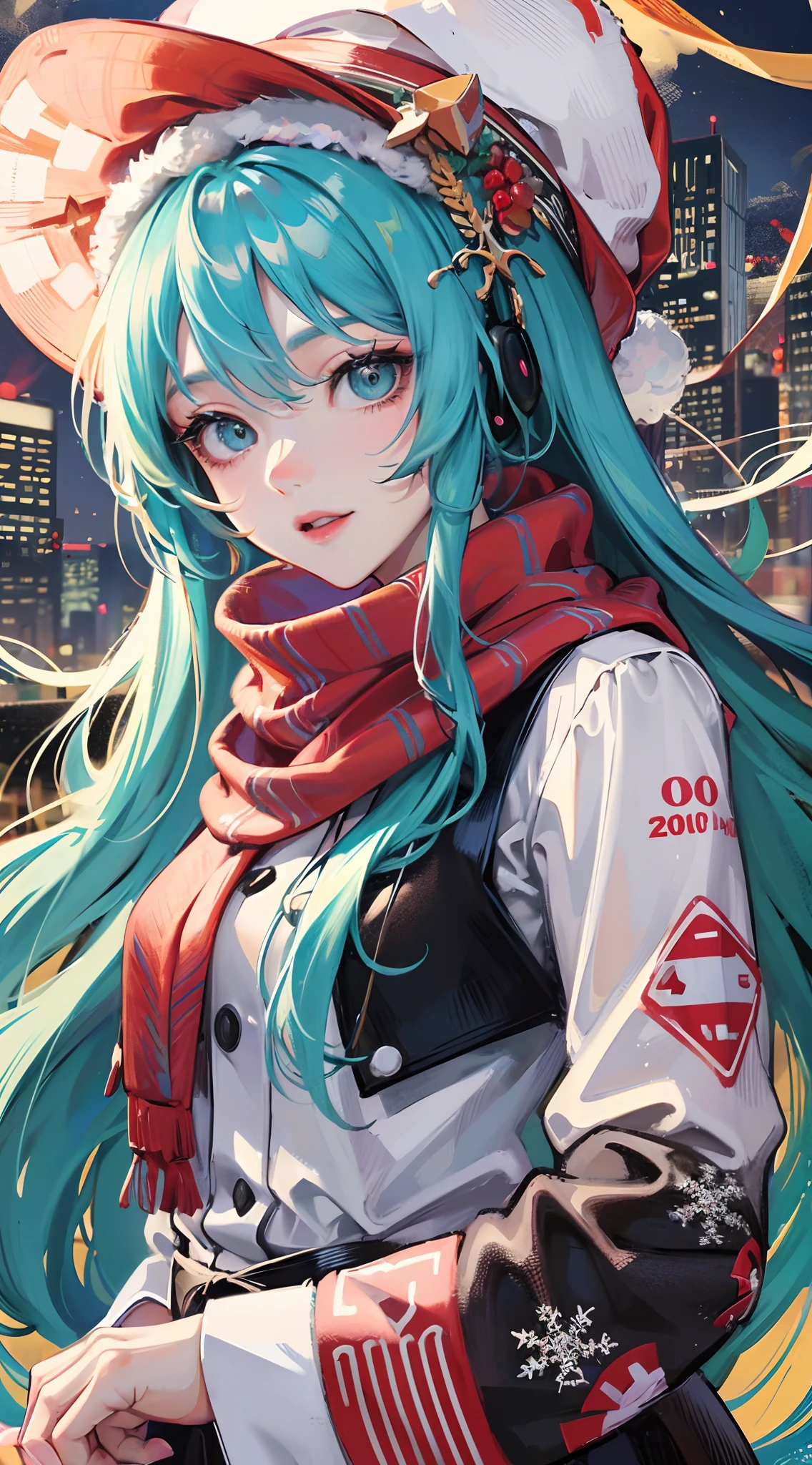 Absurdres masterpiece HDR high quality picture of Hatsune Miku, very young age girl 14 years old with detailed face, simple hair design , beautiful face, hands on waist and hands are hiding in her hair and clothes , very long hair, ((random hair style:1 )) , anime eyes, light skin ,
Winter protect outfit , muffler scarf and hat for winter, detailed hair ornaments , Christmas town background, masterpiece scenery
