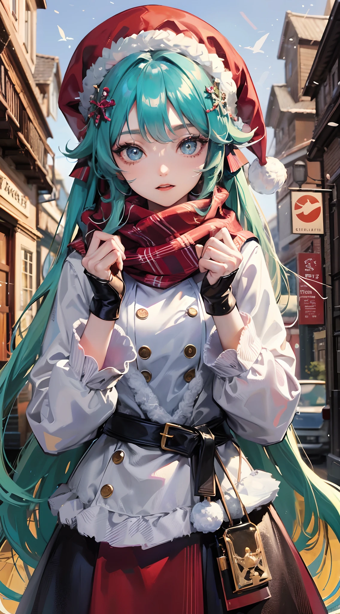 Absurdres masterpiece HDR high quality picture of Hatsune Miku, very young age girl 14 years old with detailed face, simple hair design , beautiful face, hands on waist and hands are hiding in her hair and clothes , very long hair, ((random hair style:1 )) , anime eyes, light skin , 

Winter protect outfit , muffler scarf and hat for winter, detailed hair ornaments  , Christmas town background, masterpiece scenery