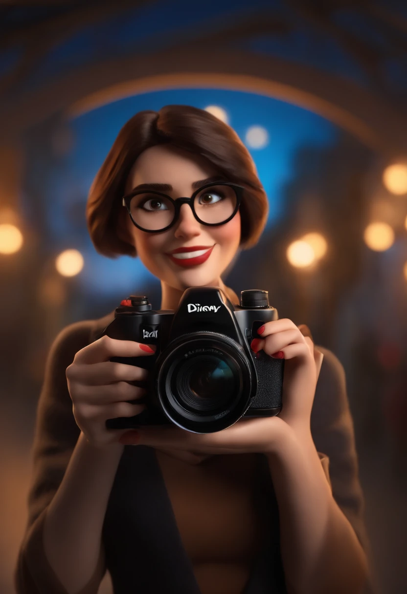 Pixar style image with 3D character white glasses brunette woman short curly hair with camera, Maquiagem Disney,Pescador, bonitinho, sorridente ,Close-up, Pixar, Disney, Cinema lighting,