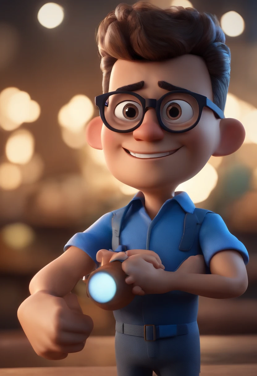 Cartoon character of a man wearing black glasses and a blue shirt, um personagem animado, Caractere estilizado, animation style rendering, 3D estilizado, Arnold Maya render, 3 d render stylized, toon render keyshot, Personagem 3D, Personagem 3D, 3d rendering stylized, 3 d character render, personagem de desenho animado, Personagem de close up, Pose de personagem, (Estilo Pixar) (master part:1.2) (Bokeh) (best quality) (pele detalhada) (textura detalhada) (8k) (argila) (Cinematic lighting) (foco nítido，Senta e vaza a parte superior do corpo