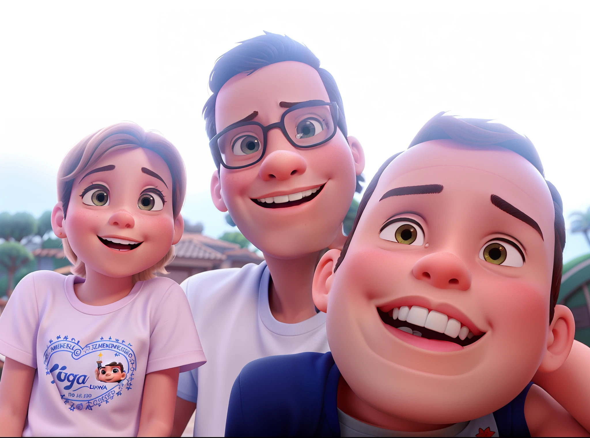 pai adulto no meio de dois filhos, uma menina e um menino, Disney pixar