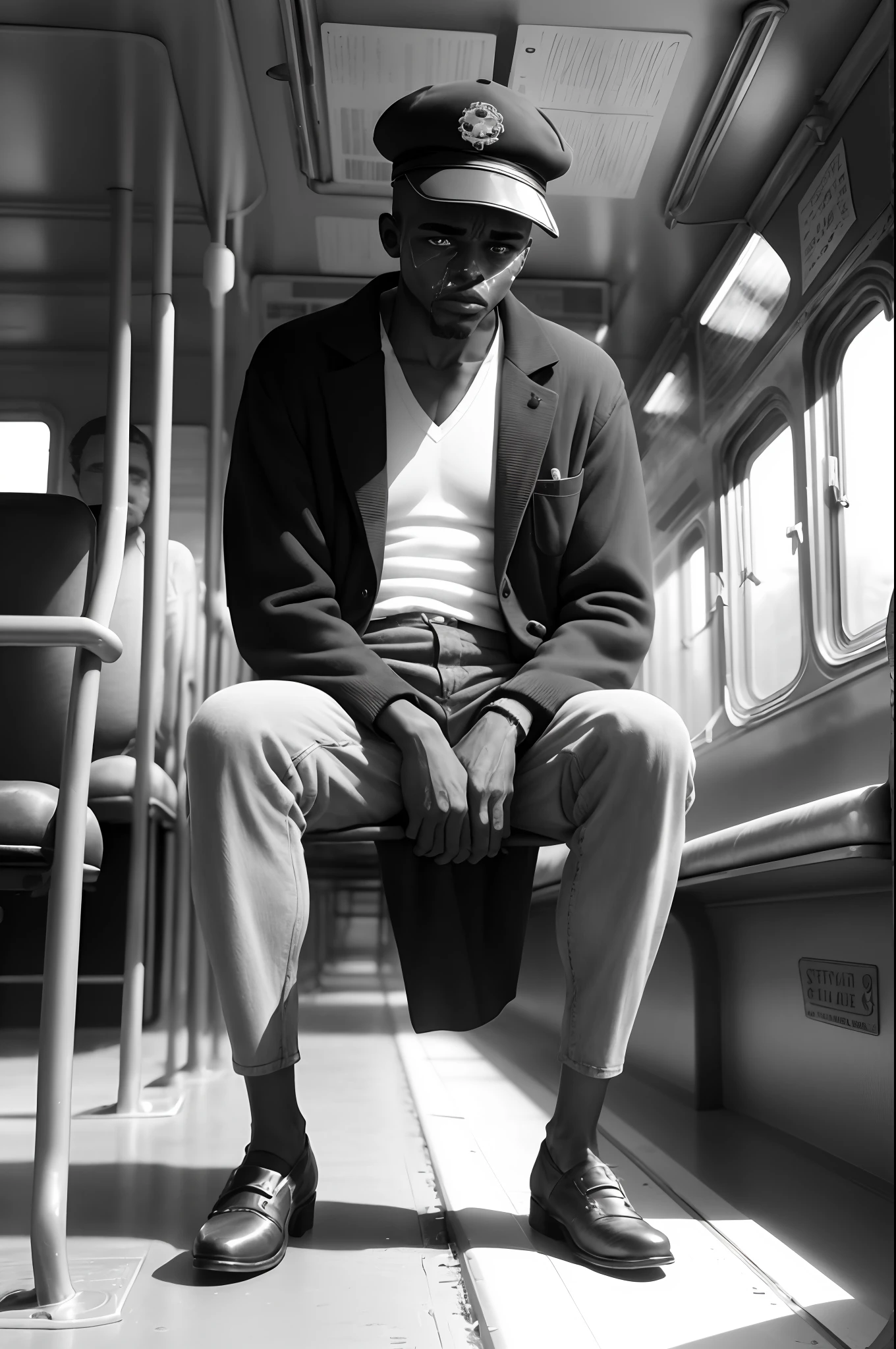 Ultra detailed 8k black and white image inside an antique streetcar from the 1800s there is a black man sitting on the right side of the streetcar the bench he is sitting on is worn black has scars on his face he is depressed he looks at the ground he is tall he has big legs