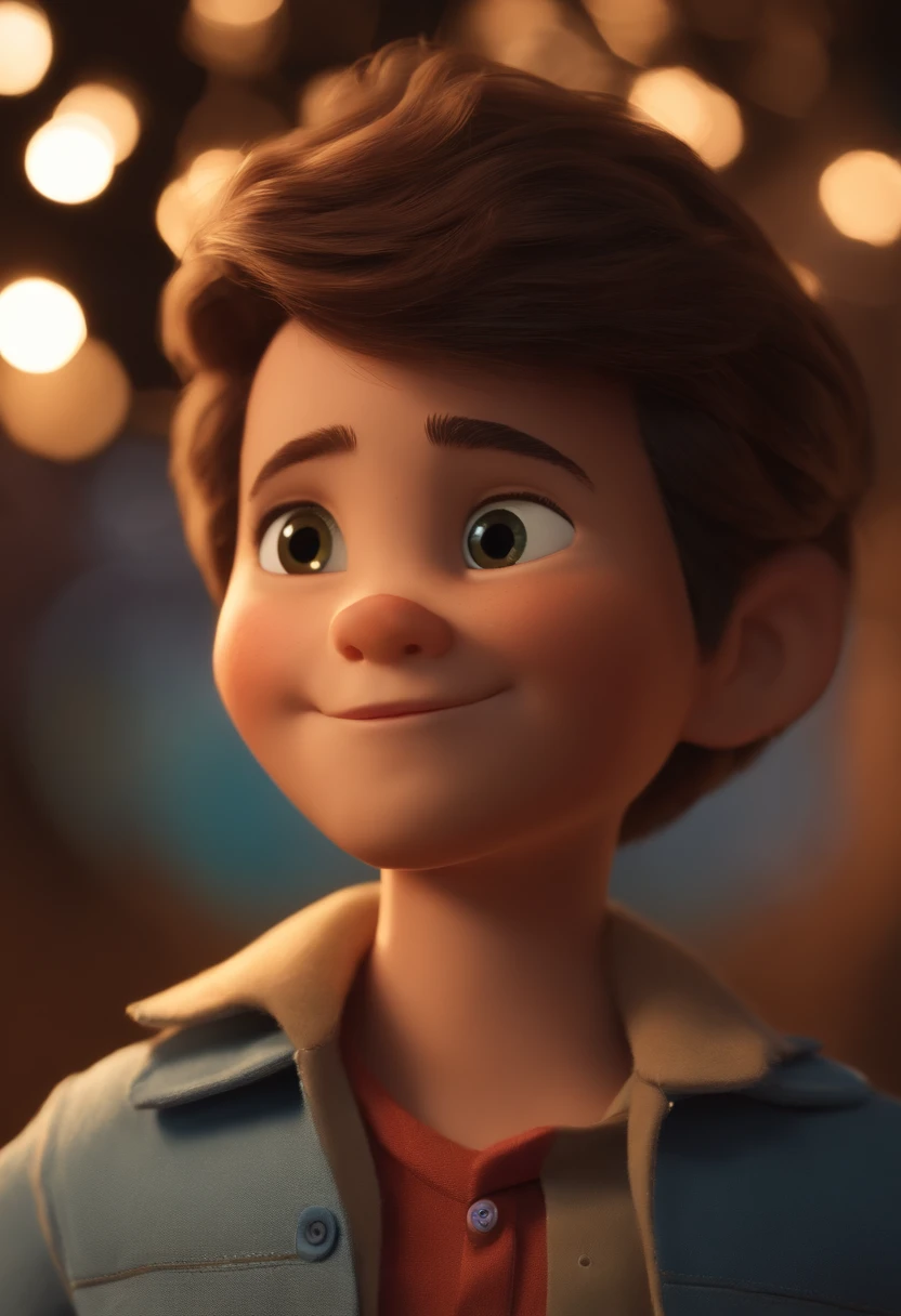 Garoto, estilo disney, tom de pele: claro:  Cabelo: marrom escuro, liso, curto, penteado para o lado direito. camisa: social, Cor azul. Fundo: Gray and white gradient,Comemorando, Hands raised, sorrindo, feliz, (estilo pixar) (obra-prima:1.2) (bokeh) (melhor qualidade) (pele detalhada) (textura detalhada) (8k) (claymation) (cinematic lighthing) (foco nítido