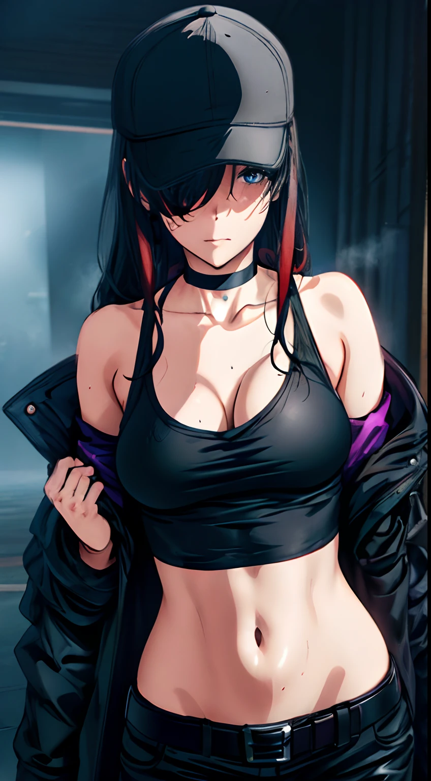 1girl, long_hair, solo, black_hair, hat, navel, mouth_mask, baseball_cap, belt, breasts, midriff, off_shoulder, choker, jacket, pants, blue_eyes, black_pants, mask, bare_shoulders, black_jacket, looking_at_viewer, cleavage, standing, collarbone, black_choker, bangs, building, cowboy_shot, stomach, "glow effects, godrays, Hand drawn, render, 8k, octane render, cinema 4d, blender, dark, atmospheric 4k ultra detailed, cinematic, Sharp focus, big depth of field, Masterpiece, colors, 3d octane render, 4k, concept art, trending on artstation, hyperrealistic, Vivid colors, extremely detailed CG unity 8k wallpaper, trending on CGSociety, Intricate, High Detail, dramatic", anime coloring, anime screencap, sweating, steaming body, fog