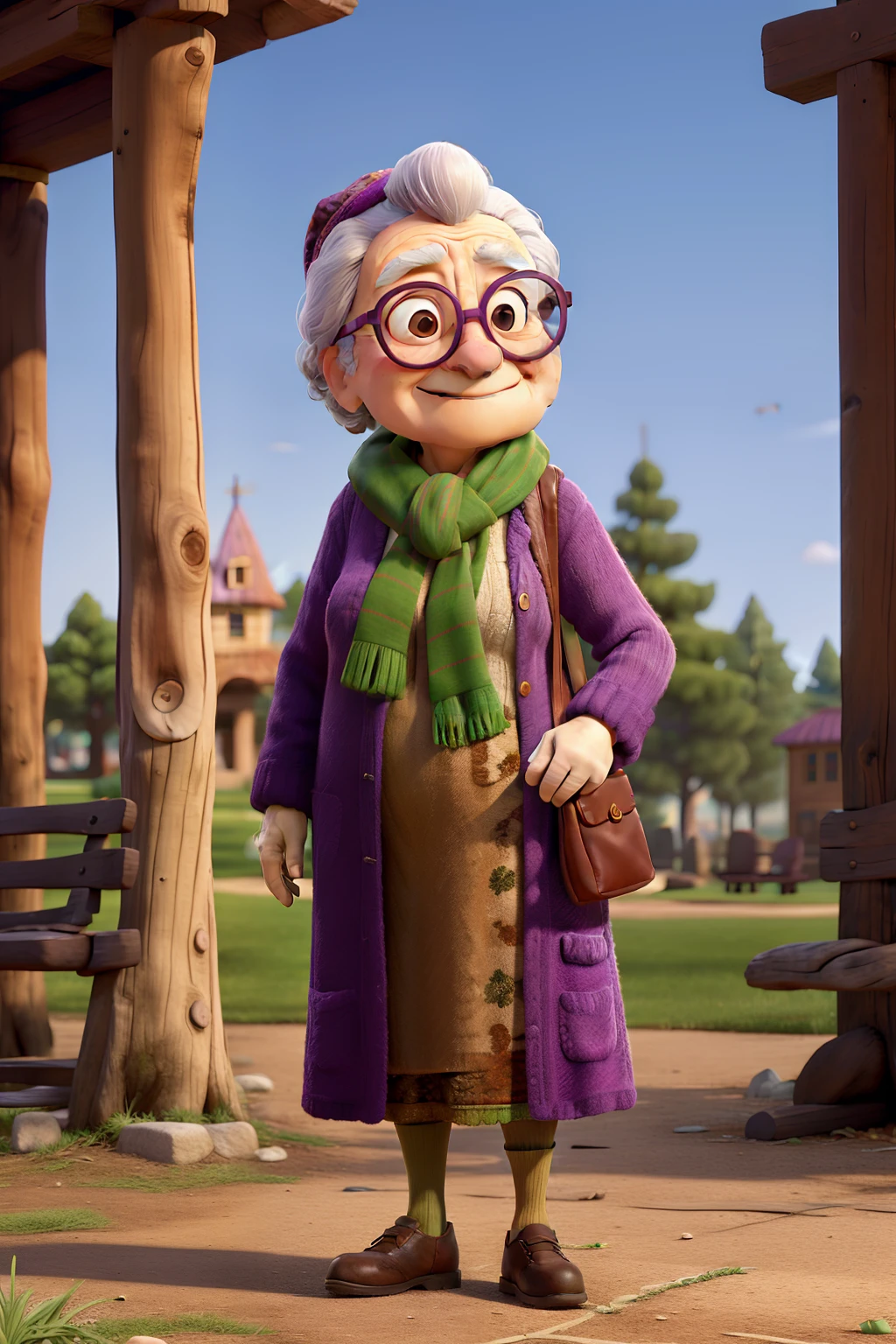 masterpiece, best quality, an old woman with glasses and a scarf on, wearing a purple coat and green scarf, standing at the park