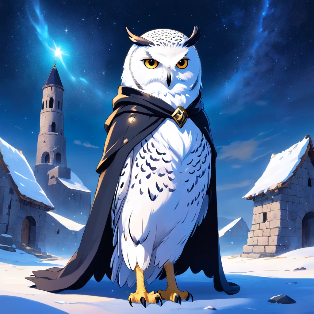 anthro (snowy owl) wearing a black hooded cloak and tunic, starry sky, Ancient ruins, Fantasy realm, mythological landscape, Epic, magical, mythological creatures, mythological beasts, Fierce, Mythical monsters