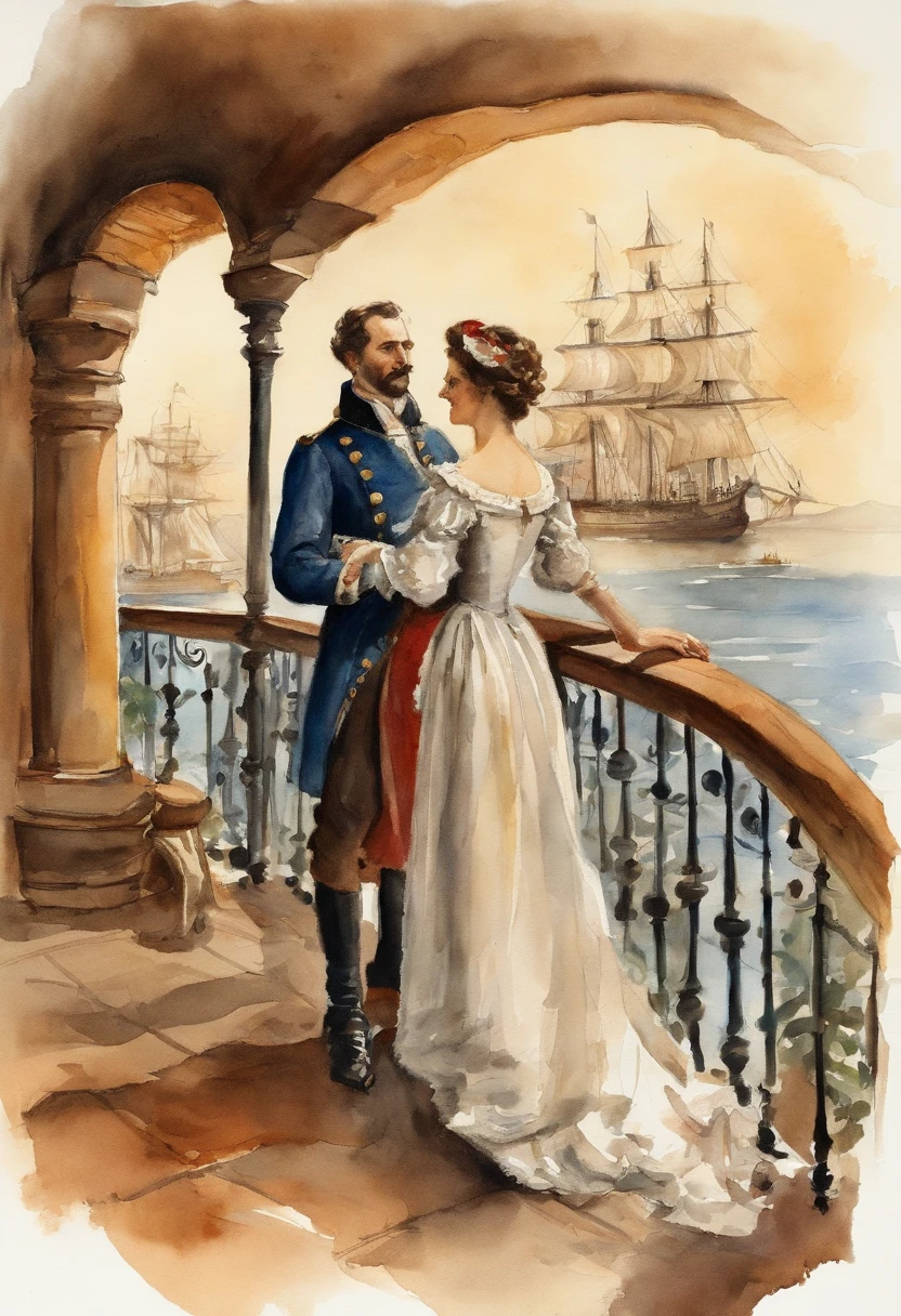A distinguished Spanish lady on a galleon is standing at the railing with her maid and an officer, talking to the officer.