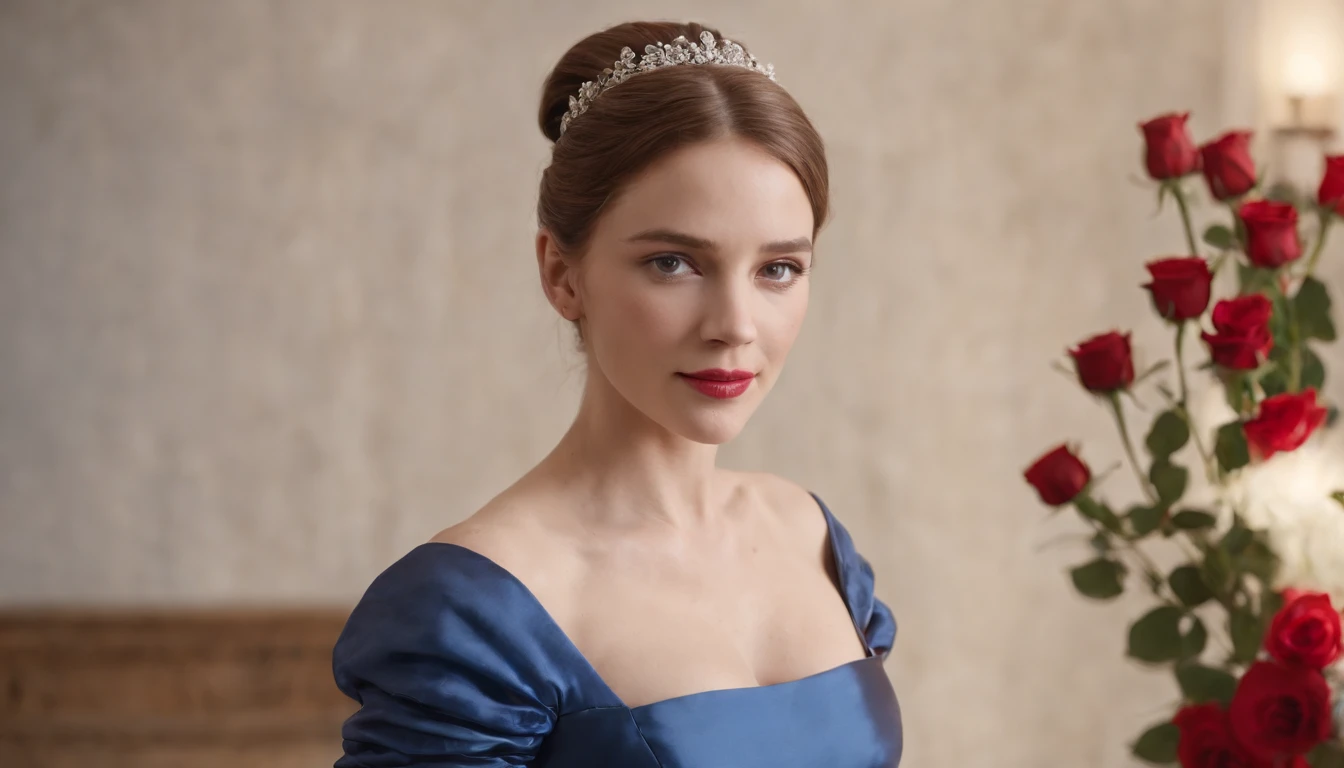 A woman is the main focus, dressed in a blue evening dress and accessorized with white gloves. Her light brown hair is in a low ponytail. The woman is holding a red rose in her gloved left hand. She is standing on a wooden floor. The background of the painting is intermediate, adding depth to the composition.