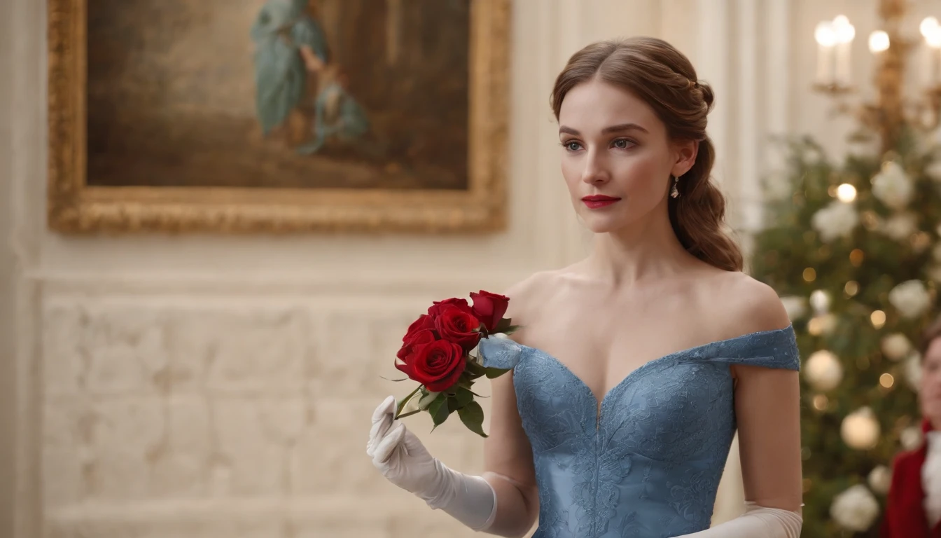 A woman is the main focus, dressed in a blue evening dress and accessorized with white gloves. Her light brown hair is in a low ponytail. The woman is holding a red rose in her gloved left hand. She is standing on a wooden floor. The background of the painting is intermediate, adding depth to the composition.