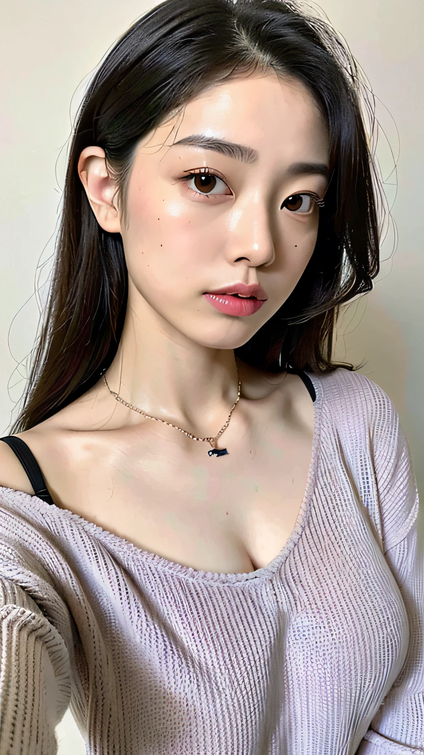 (Best quality, 8k, 32k, Masterpiece, UHD:1.2),Photo of Pretty Japanese woman, large breasts, very short bob hair,upper body,face focus,oversized_sweater, necklace, simple background, from above, looking at viewer,