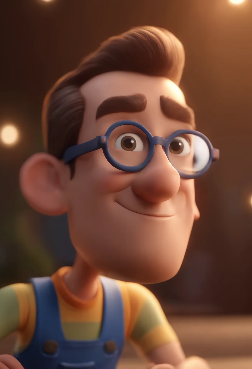 Cartoon character of a man wearing black glasses and a blue shirt, um personagem animado, Caractere estilizado, animation style rendering, 3D estilizado, Arnold Maya render, 3 d render stylized, toon render keyshot, Personagem 3D, Personagem 3D, 3d rendering stylized, 3 d character render, personagem de desenho animado, Personagem de close up, Pose de personagem, (Estilo Pixar) (master part:1.2) (Bokeh) (best quality) (pele detalhada) (textura detalhada) (8k) (argila) (Cinematic lighting) (foco nítido，Senta e vaza a parte superior do corpo