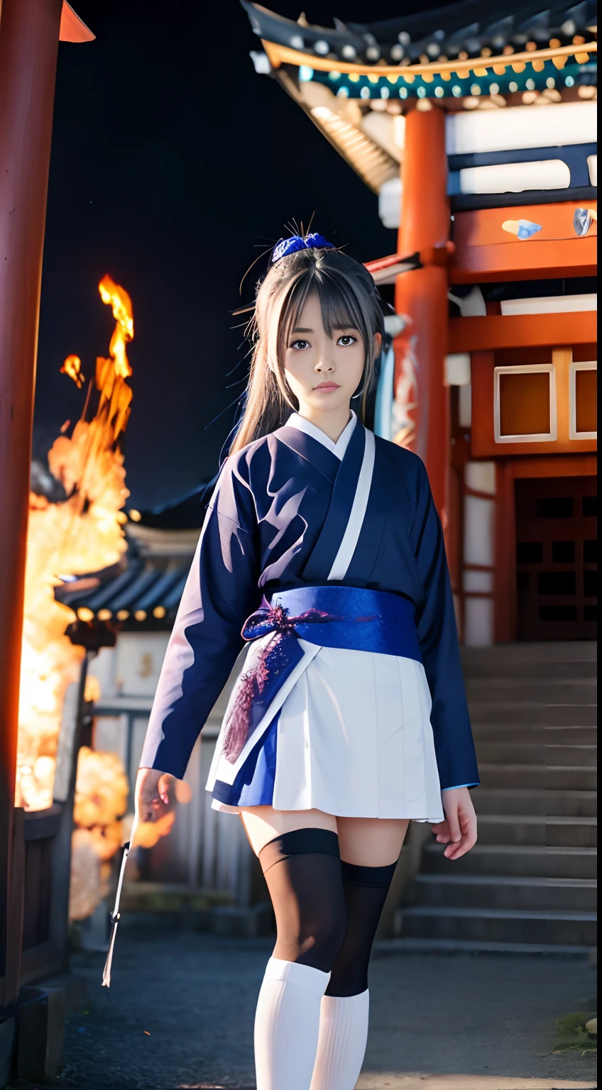 Eboshi、Blue miniskirt、shrine maiden、Black High Socks、Silver Hair Ponytail、Fire Effect、Temple background、hiquality