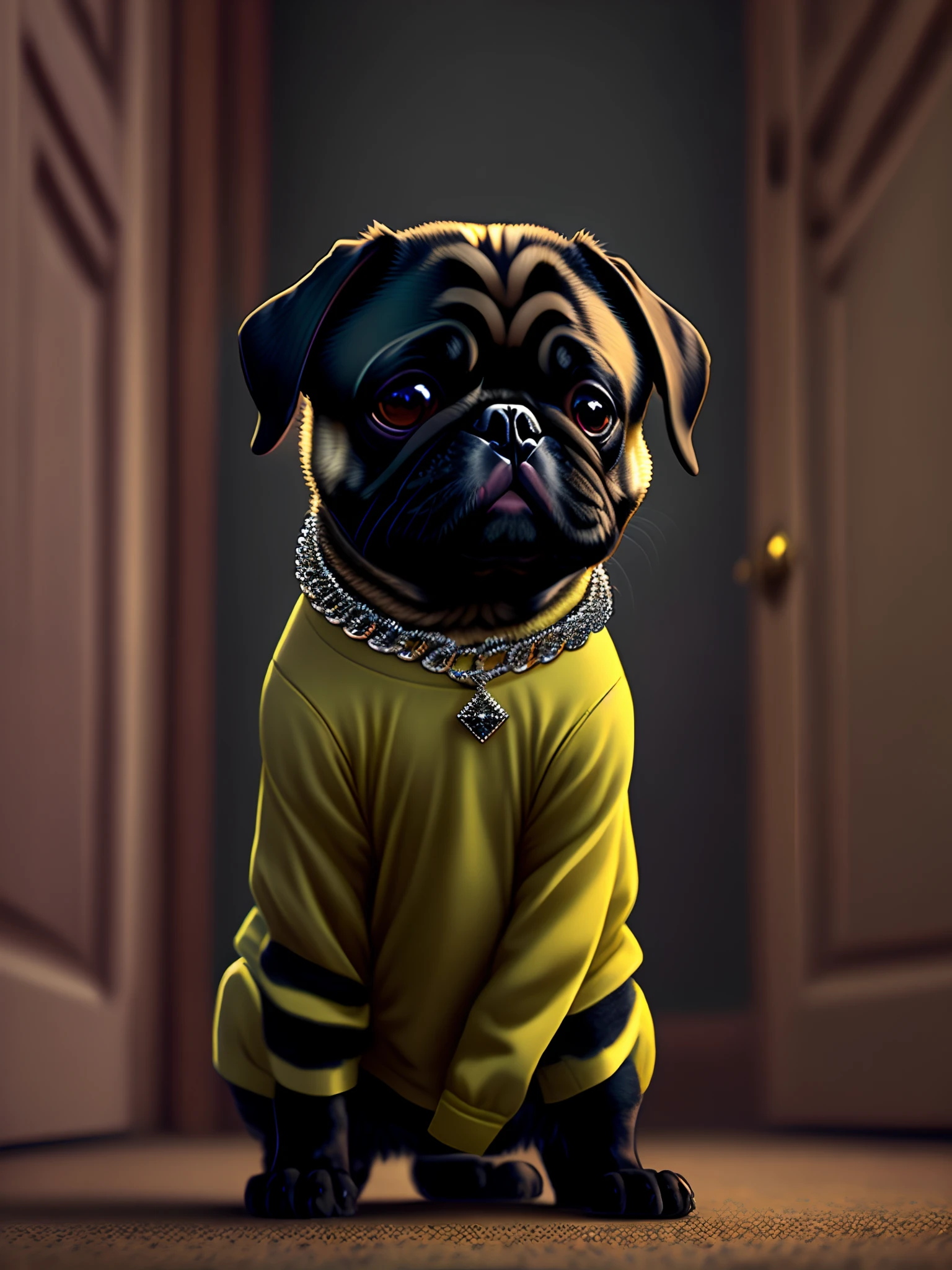 A black pug standing spreading his arms wearing a diamond chain giving out weed to adult Mexicans