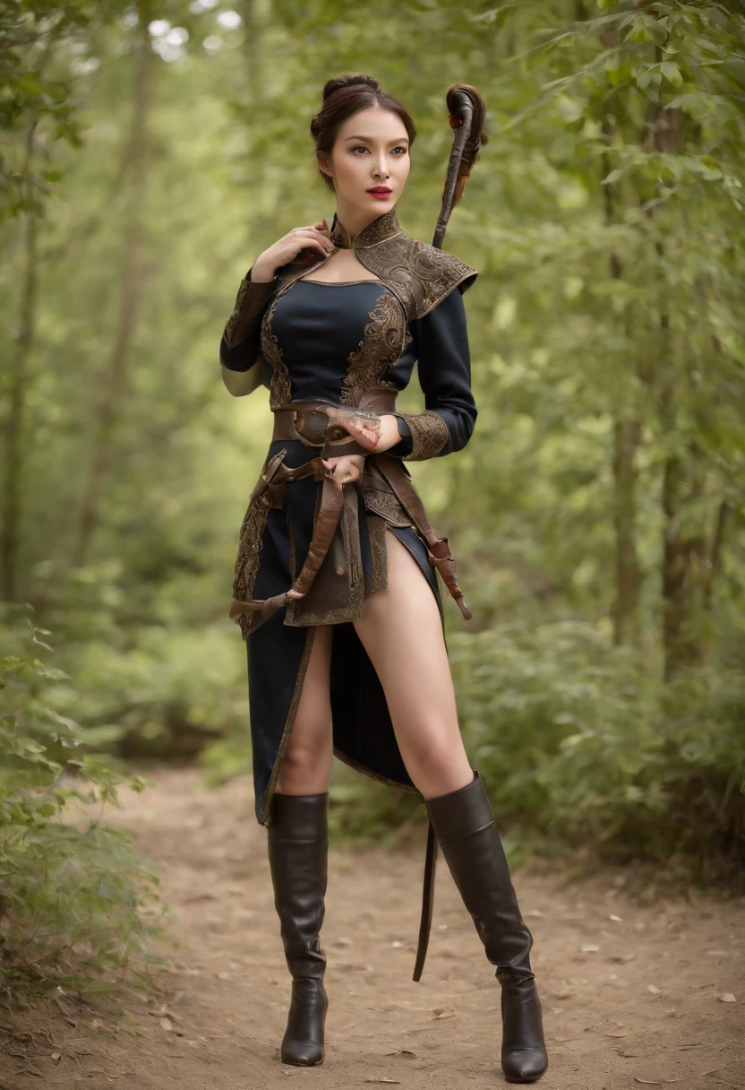 In the Great Ancient Forest,Beautiful woman holding a leather whip in her hand,Dressed in a tight-fitting uniform,Black stockings on her legs,Wear high heels,Beauty leg length,Big chest,Riding a strong Chinese dragon