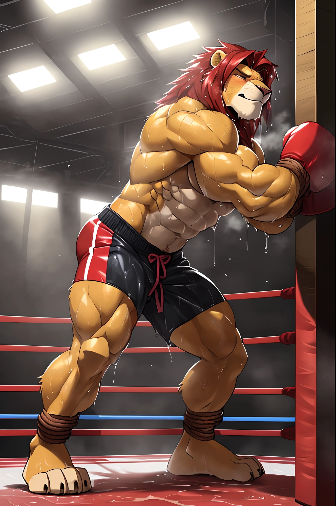 ((solo)), (anthro:1.2) lion (lora; simba), adult, (athletic:1.4), (dense muscles), (super strong:1.4), (correct anatomy:1.2), (broad shoulders:1.2), (heavy build, massive body:1.6), (realistic fur, detailed fur texture:1.3), detailed background (corner of the boxing ring:1.6), photorealistic, (black compression shorts), (bare torso:1.4), (barefoot:1.2), (detailed clothing), hyperrealistic, ultradetailed, (by wfa:1.2), (by takemoto_arashi, by vorusuarts, by Traver009:1, by grimfaust:1), natural lighting, (wet. sweat:1.4), exhausted, feline head (open eyes, red mane), (steaming breath:1.2), ((serious:1.4) expression), (leaning over ropes:1.6), (view from below:1.4)