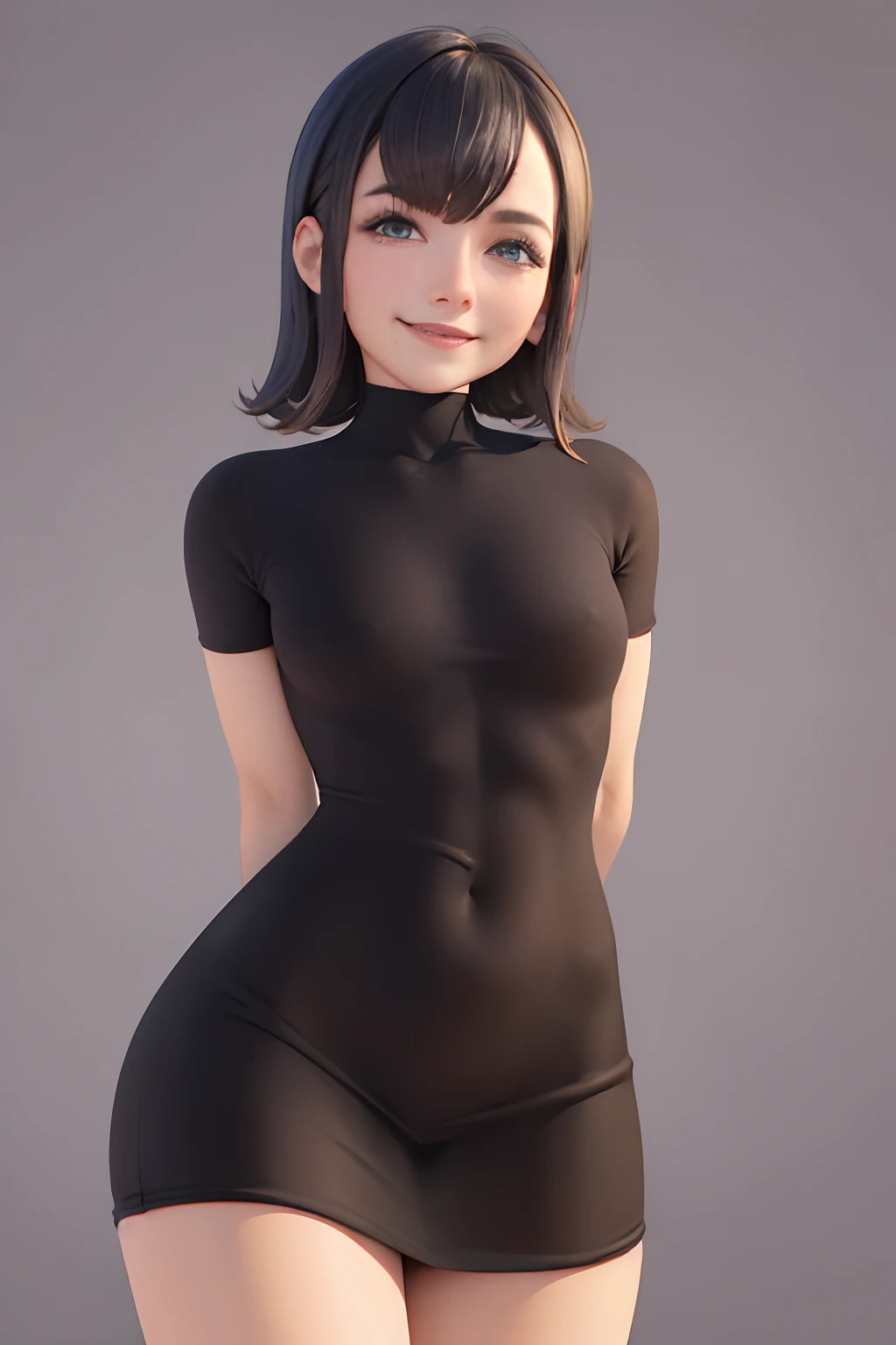 (obra-prima, melhor qualidade: 1.2), tiro de cowboy, solo, 1girl, mavis dracula, sorriso, olhando para o espectador, arms behind back, vestido preto, coxas listradas,(best quality,Realistic),(1Mulher:1.1),(Cabelos escuros,pose sexy,corpo inteiro,sorridente),(vestido curto apertado),(corpo tonificado,coxas grossas,seios pequenos)