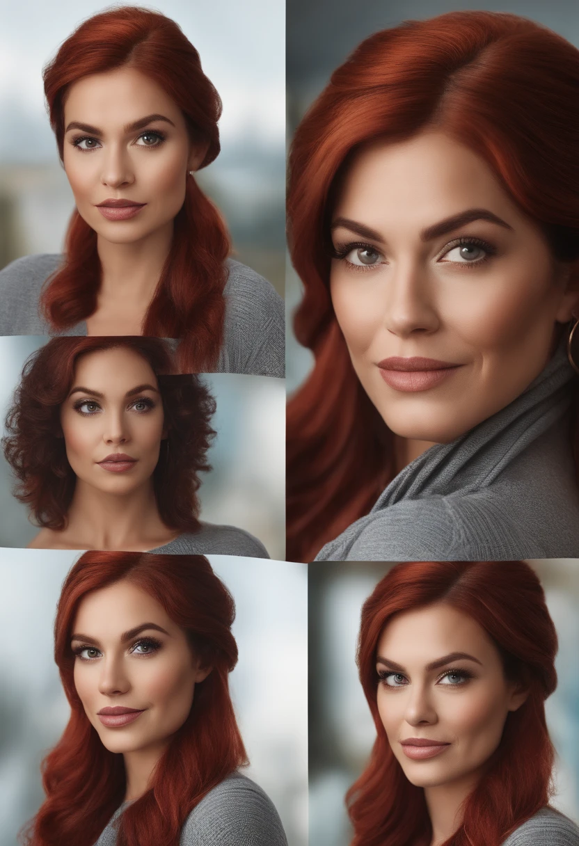 Disney Pixar style woman with a gray sweater and red hair posing for a photo, foto de perfil headshot, halfbody headshot, foto de perfil profissional, imagem de perfil, foto do perfil, Charli Bowater, foto headshot, retrato de alta qualidade, 1 / 2 headshot, retrato headshot, com cabelos curtos, imagem do avatar, Alanis Guillen, taken in the early 2020s