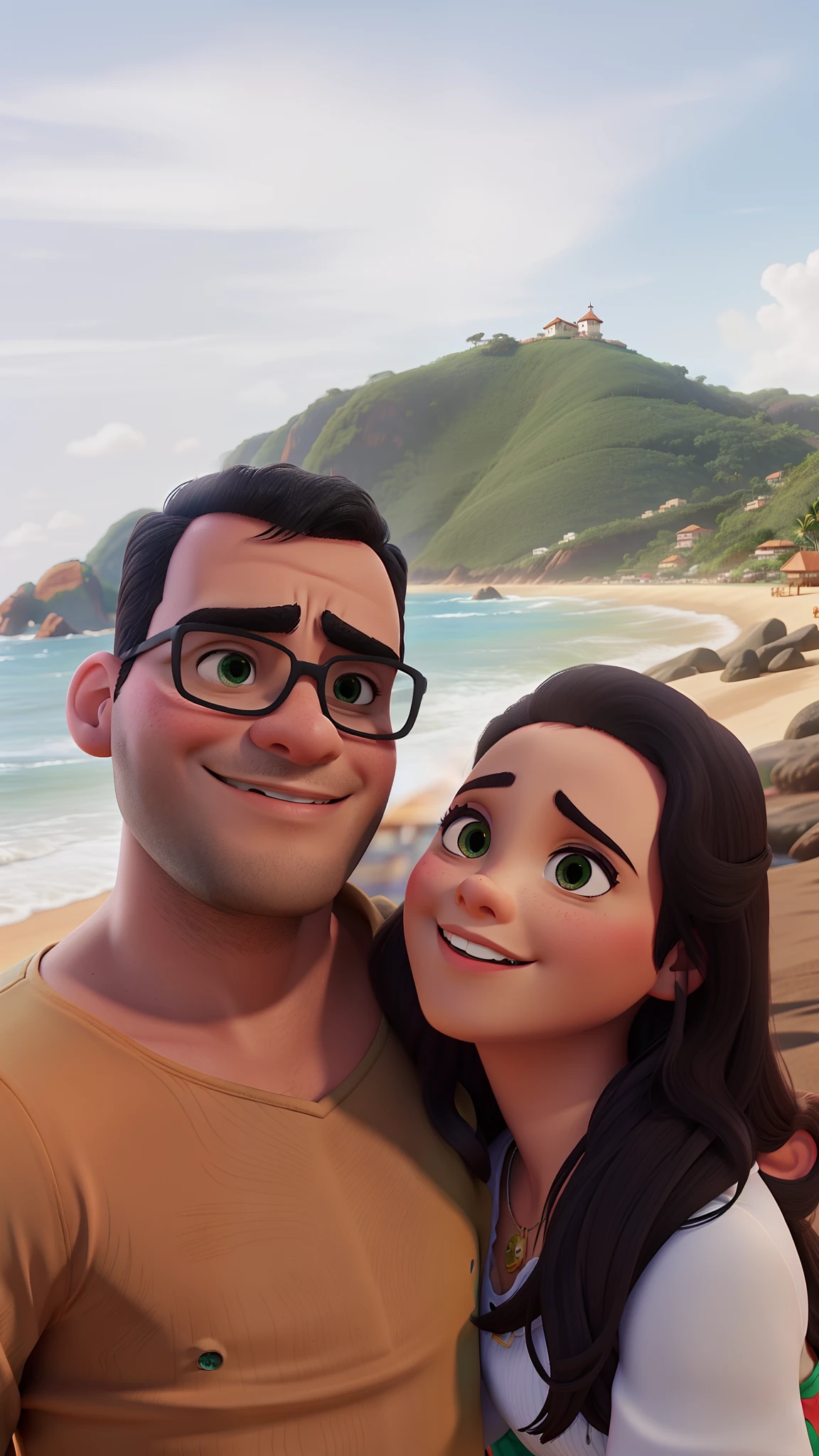 Um casal no Brasil no fundo de uma praia estilo Disney Pixar