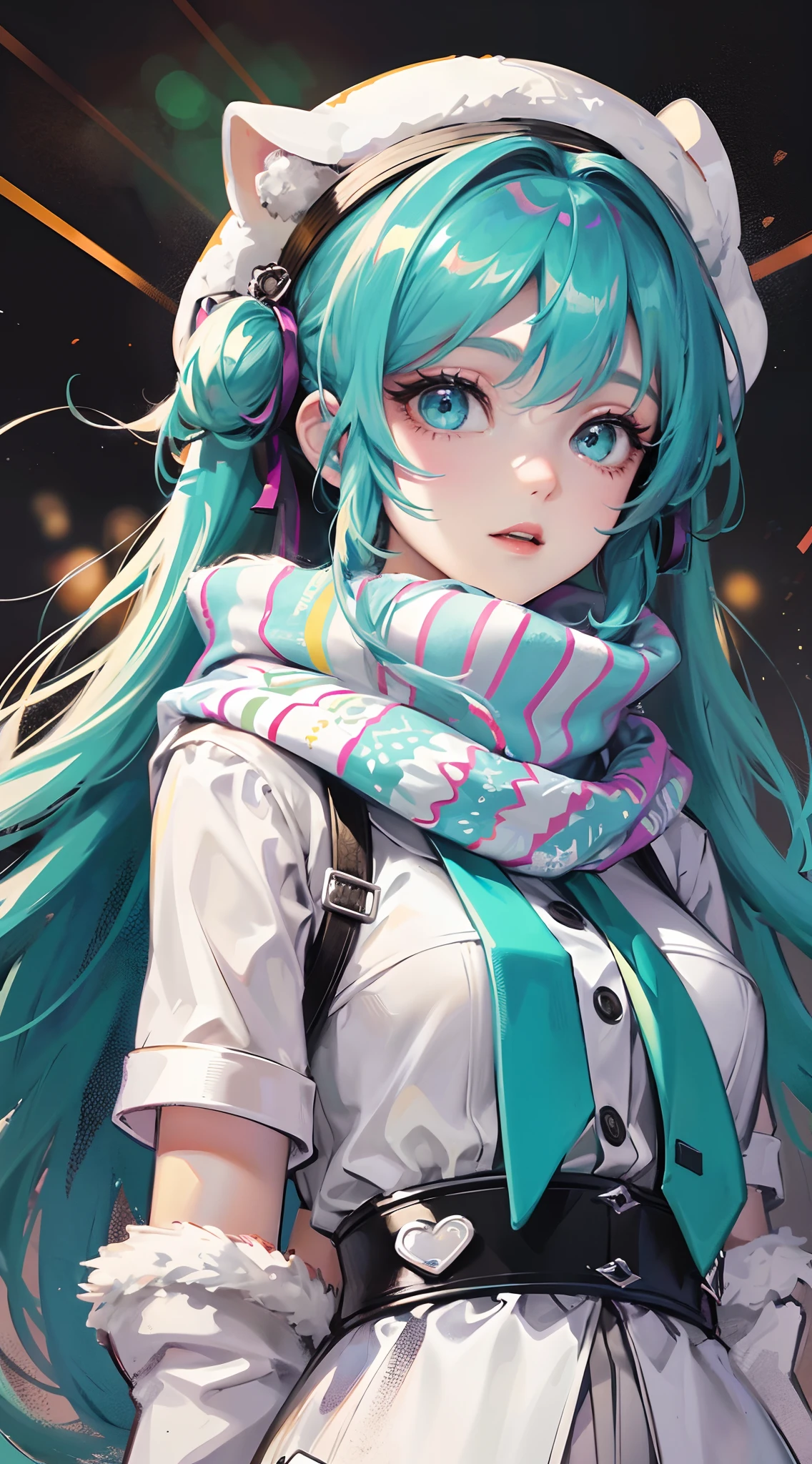 Absurdres masterpiece HDR high quality picture of Hatsune Miku, very girl 14 years ailed face, simple hair design , beautiful face, hands on waist and hands are hiding in her hair and clothes , very long hair, ((random hair style:1 )) , anime eyes, light skin ,
Winter protect outfit , muffler scarf and hat for winter, detailed hair ornaments , concert stage background, masterpiece scenery