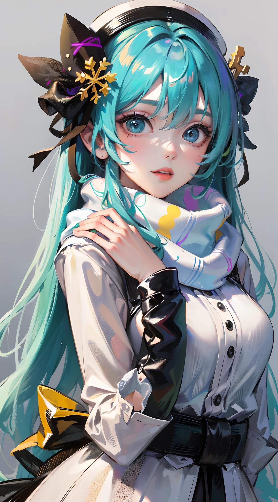 Absurdres masterpiece HDR high quality picture of Hatsune Miku, very young age girl 14 years old with detailed face, simple hair design , beautiful face, hands on waist and hands are hiding in her hair and clothes , very long hair, ((random hair style:1 )) , anime eyes, light skin , 

Winter protect outfit , muffler scarf and hat for winter, detailed hair ornaments  , concert stage background, masterpiece scenery