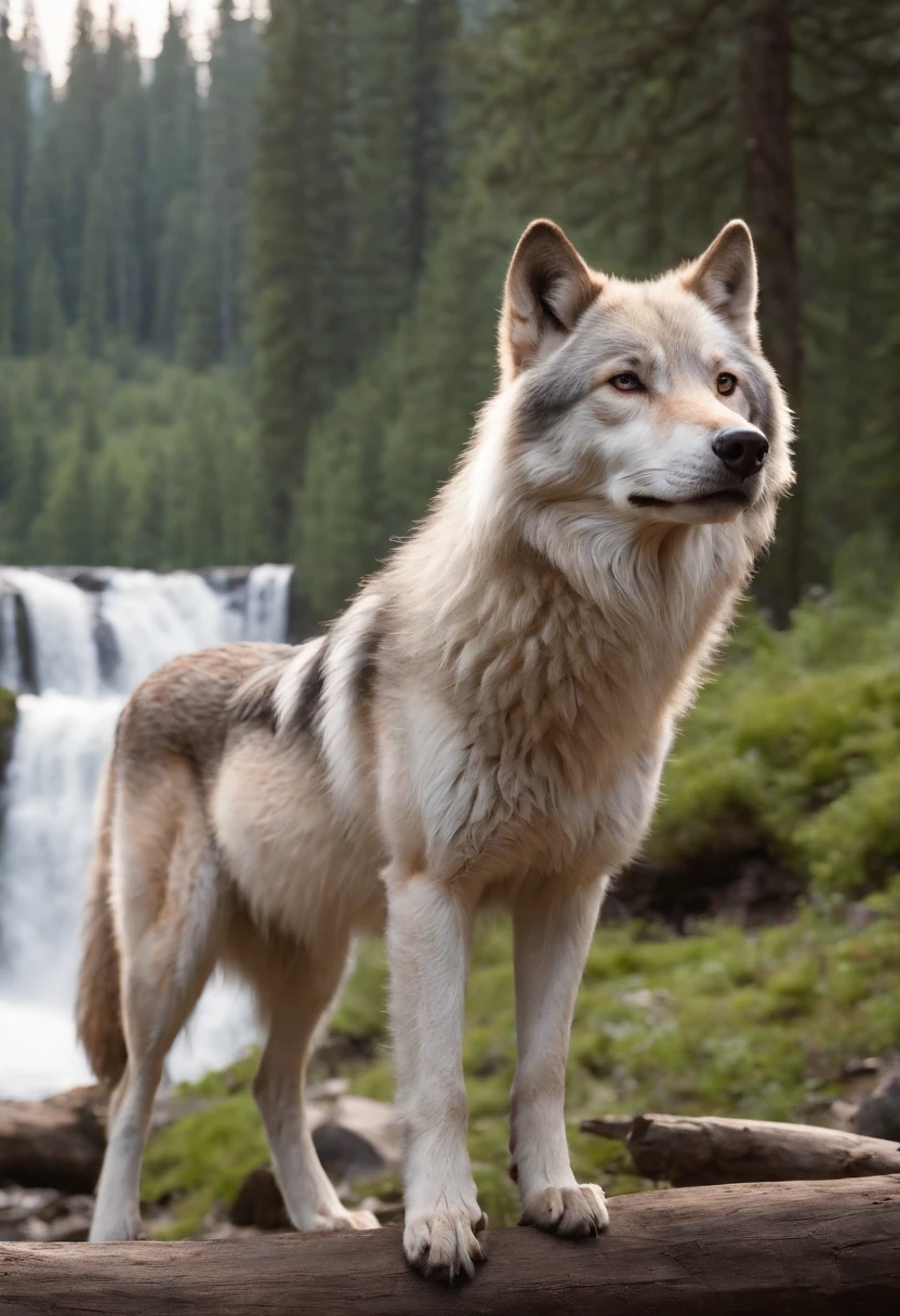 Imagem de um camping com acampamento em formato Pixar, In the background of the image there is a beautiful waterfall and a playful and outgoing wolf in front, tem um lindo rosto, He's the little allabester.