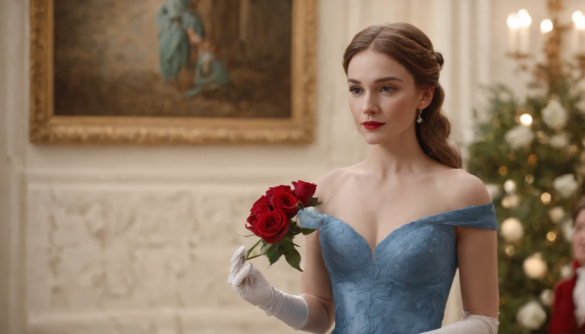 A woman is the main focus, dressed in a blue evening dress and accessorized with white gloves. Her light brown hair is in a low ponytail. The woman is holding a red rose in her gloved left hand. She is standing on a wooden floor. The background of the painting is intermediate, adding depth to the composition.