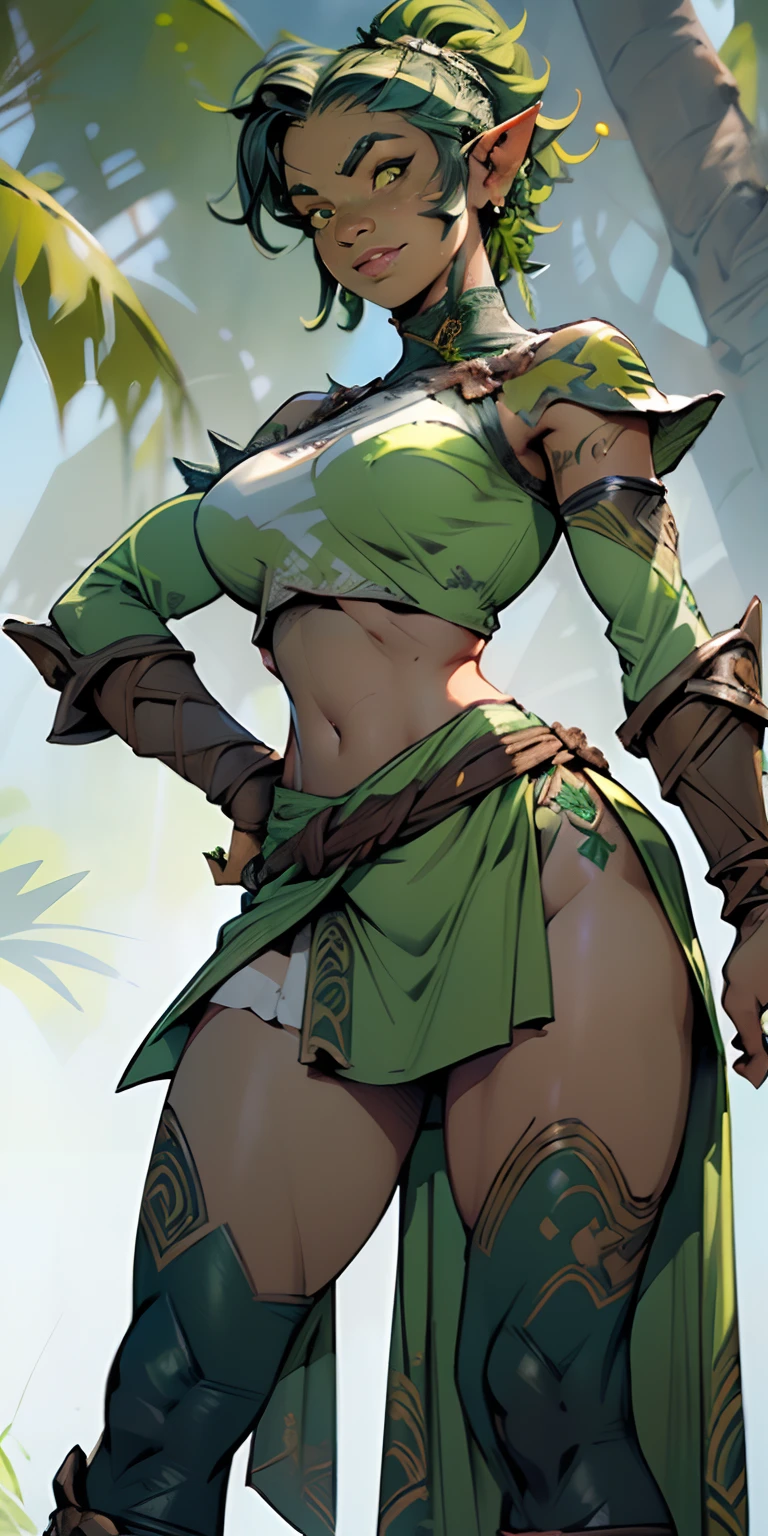 (Um close up de uma linda mulher em uma roupa de couro com uma espada, corpo esbelto), (((orc feminino verde esbelta quadril largo))), (((green orc female))), orc themed, (Beautiful Orc Warrior with Athletic Body), (uma mulher muito bonita), (female orc forest druid), ((sozinha)), Athletic slender body