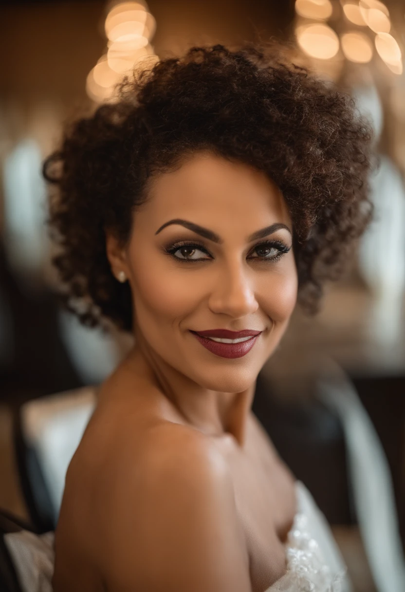 Mulher, 40 anos, cabelo castanho, olhos puxados, rosto redondo com covinhas leves na bochecha, in a salon setting, sorridente