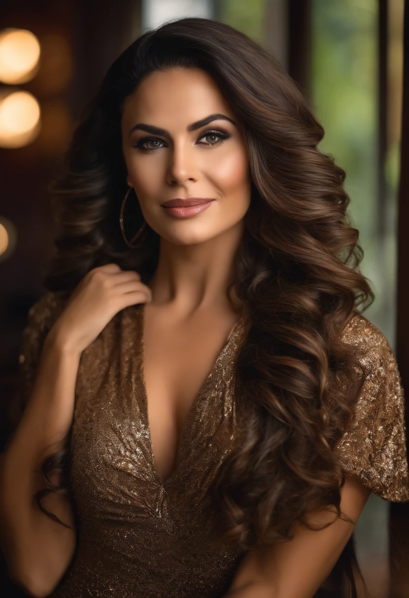 Mulher, 40 anos, cabelo castanho, olhos puxados, rosto redondo com covinhas leves na bochecha, in a salon setting, sorridente