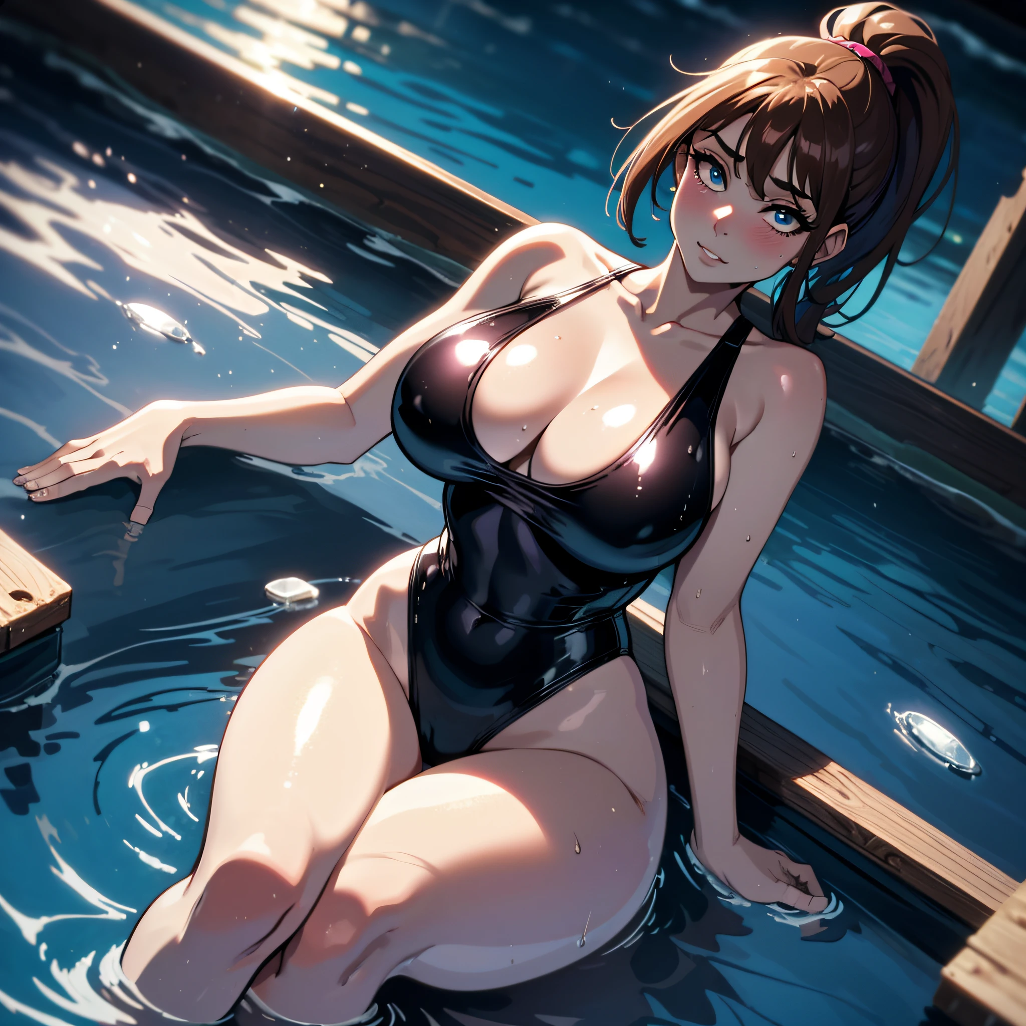 (one female: 1.5) wearing metallic pink one piece swimsuit, brown long ponytail, beautiful blue eyes, showing cleavage, sitting alone in jacuzzi in back yard of house, alone (SOLO: 1.5),(ALONE: 1.5), large chest, curvy, perfect body close shot, best quality:1.5, sexy legs, hide hands behind back, sagging boobs, soft smile, blushing, under water from the waist down