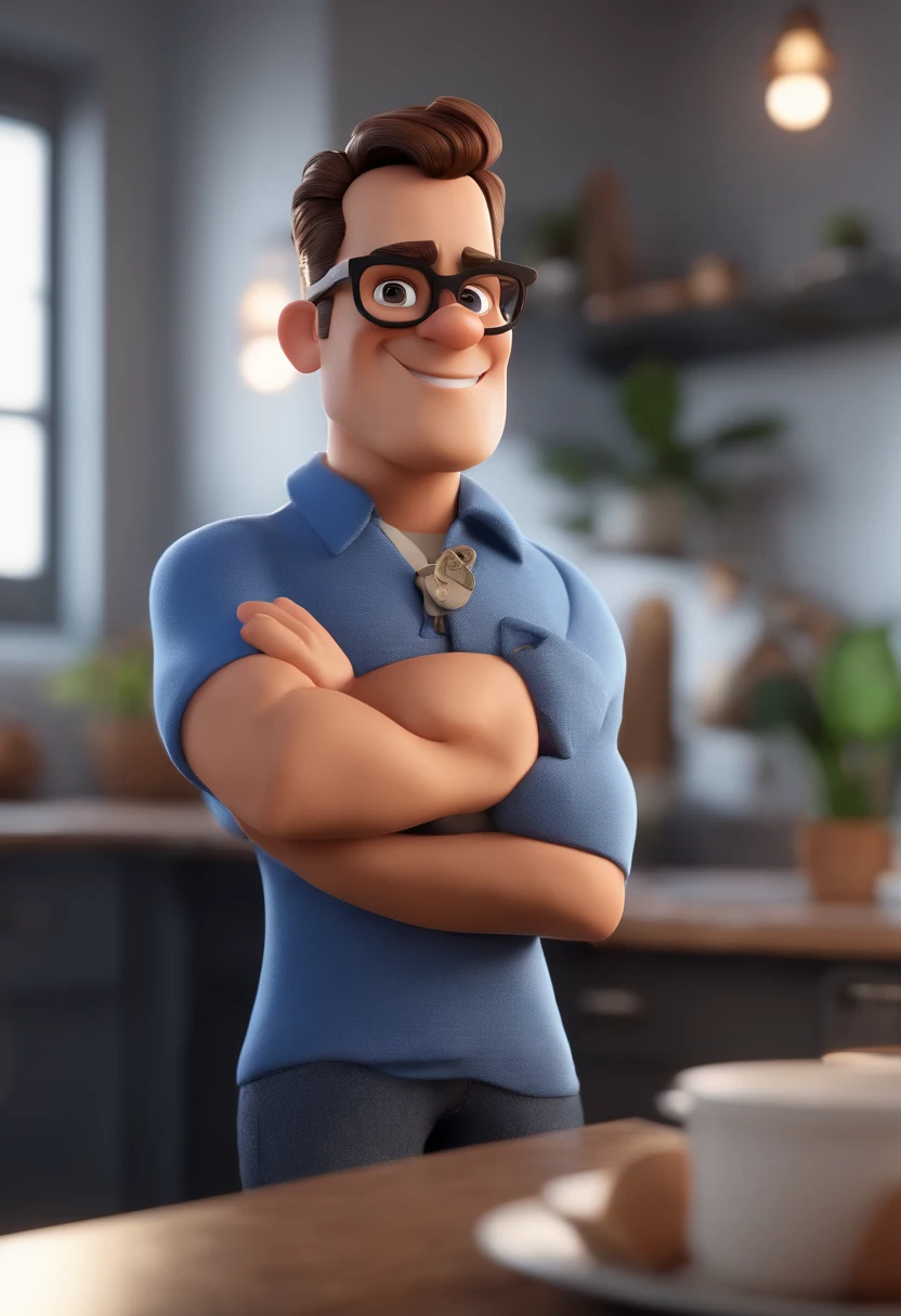 Cartoon character of a man with black glasses and a blue shirt, animation character, Caractere estilizado, animation style rendering, 3D estilizado, Arnold Maya render, 3 d render stylized, toon render keyshot, Personagem 3D, Personagem 3D, 3d rendering stylized, 3 d character render, personagem de desenho animado, Personagem de close up, Pose de personagem,  (Estilo Pixar) (master part:1.2) (Bokeh) (best quality) (pele detalhada) (textura detalhada) (8k) (argila) (Cinematic lighting) (foco nítido