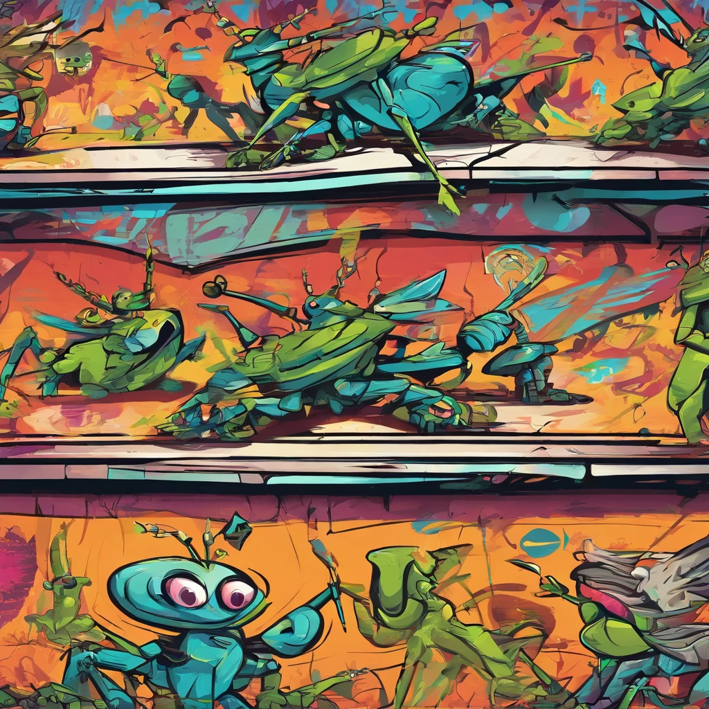 Anthropomorphic, Dancing locusts in the style of Disney animation are caught in their hands, flat, vectorised, 8K resolution, Masterpiece, and super detailed.