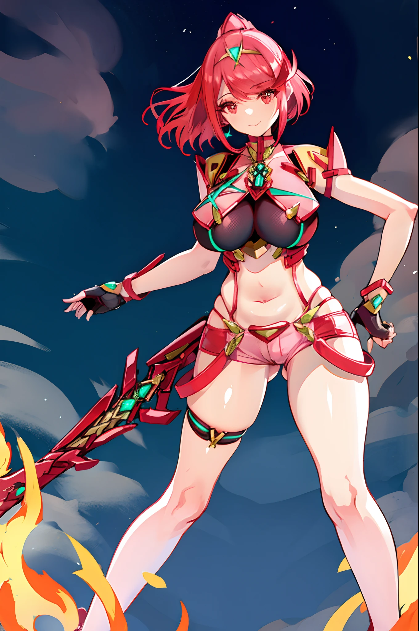 pyra \(xenoblade\), teen_1girl, loli, bangs, black gloves, breasts, red eyes, shout, earrings, eyelashes, fingerless gloves, floating hair, , gem, gloves, hair ornament, headpiece, jewelry, gigantic_breasts, leaning back, swimsuit, neon trim, official art, pose, red hair, saitou masatsugu, short hair, sidelocks, skin tight, solo, swept bangs, thighhighs, tiara, fantasy_town_background, underbust, xenoblade chronicles \(series\), (xenoblade chronicles 2), (spread_legs:1.1), fire_effect,dynamic_pose,fighting,light_smile, (plump:1.1), big_ass,huge_sword, hold_large_sword_hilt, covered_nipples, covered_pussy, fists,ponytail,beautiful_fingers,(solo:1.1), bare_shoulder,(shoulder_naked:1.2), nipple_jewel,back, back_view, focus_ass,ass, (very_short＿shorts:1.3),(lise_leg:1.4)